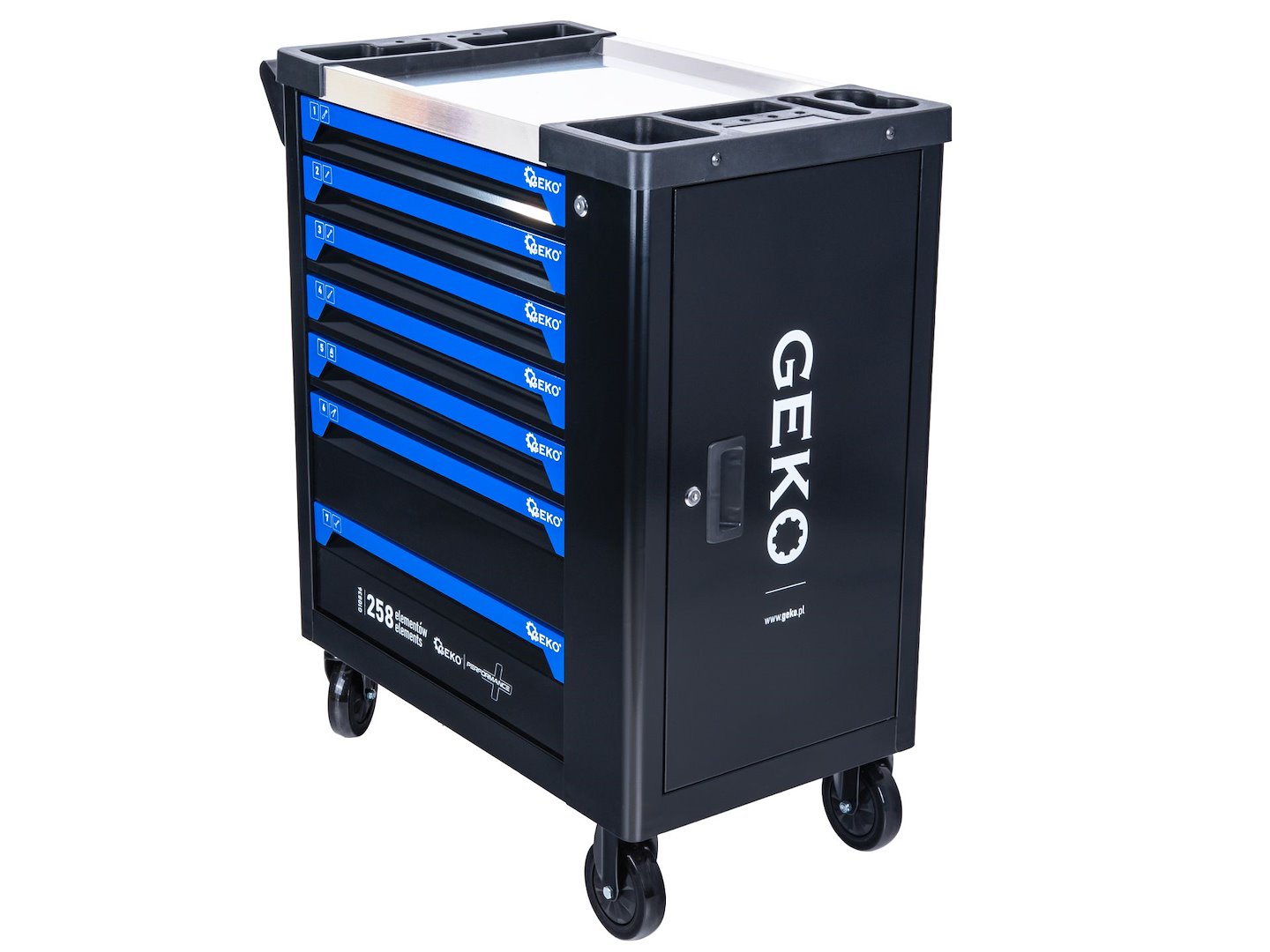 Dulap de scule GEKO cu 7 sertare, echipat cu 258 piese, 7 module carbon