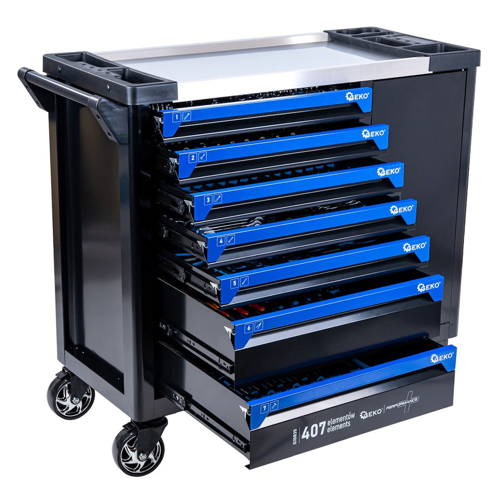 Dulap de scule GEKO cu 7 sertare, echipat cu 407 piese, 7 module carbon