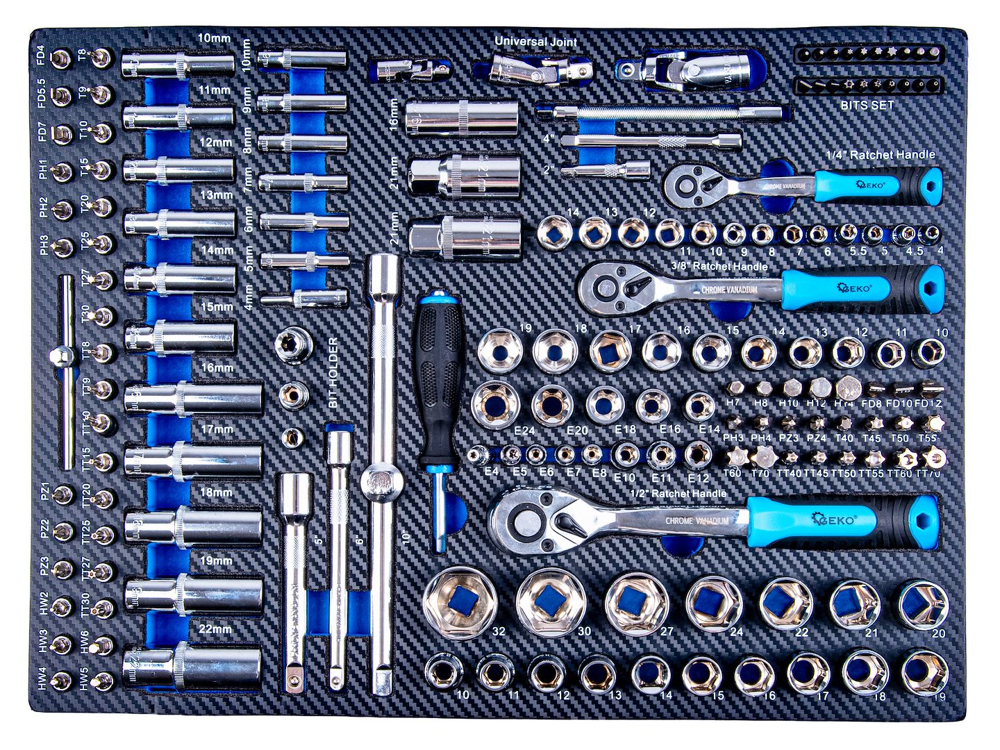 Dulap de scule GEKO cu 7 sertare, echipat cu 407 piese, 7 module carbon