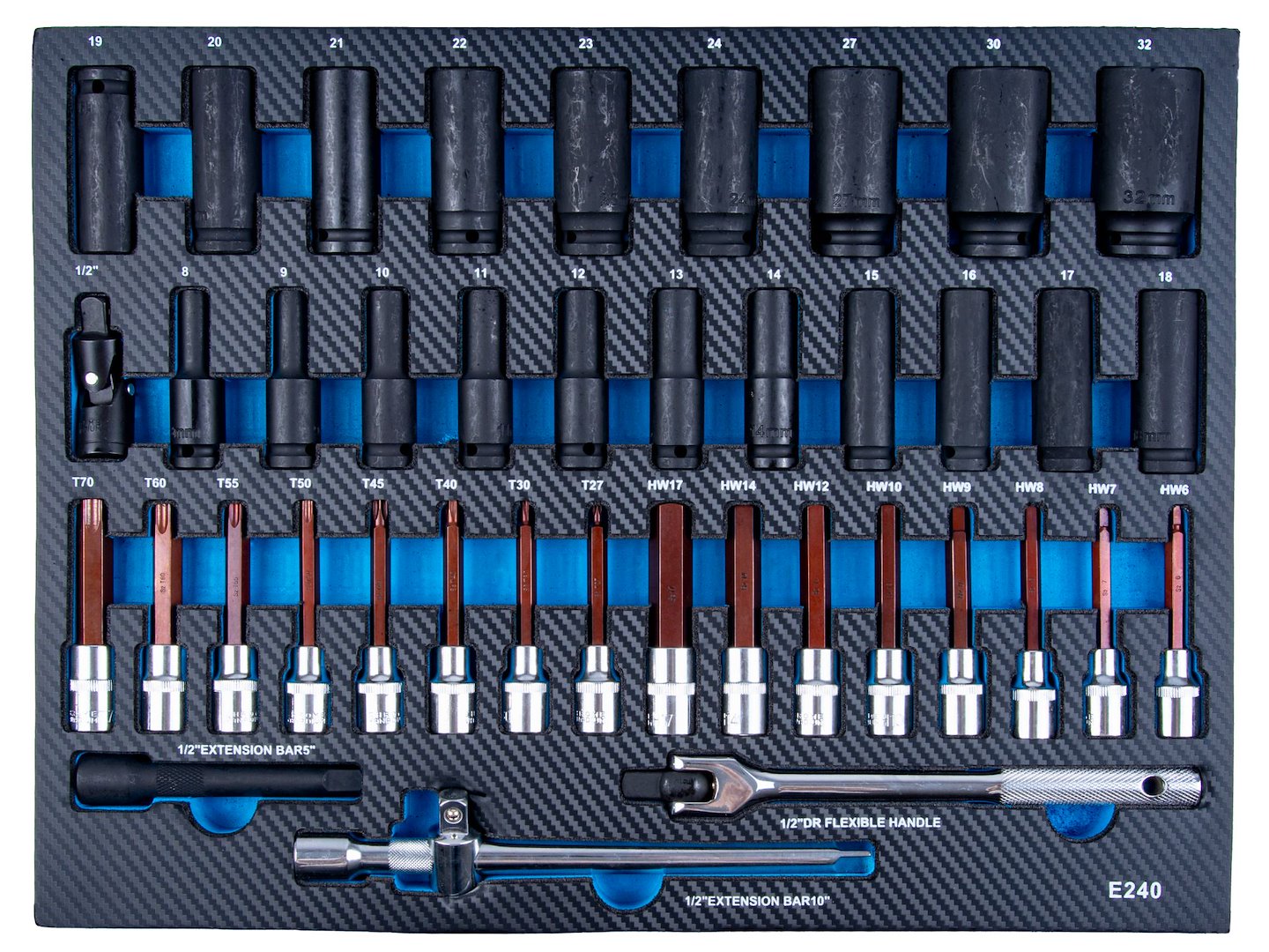 Dulap de scule GEKO cu 7 sertare, echipat cu 407 piese, 7 module carbon