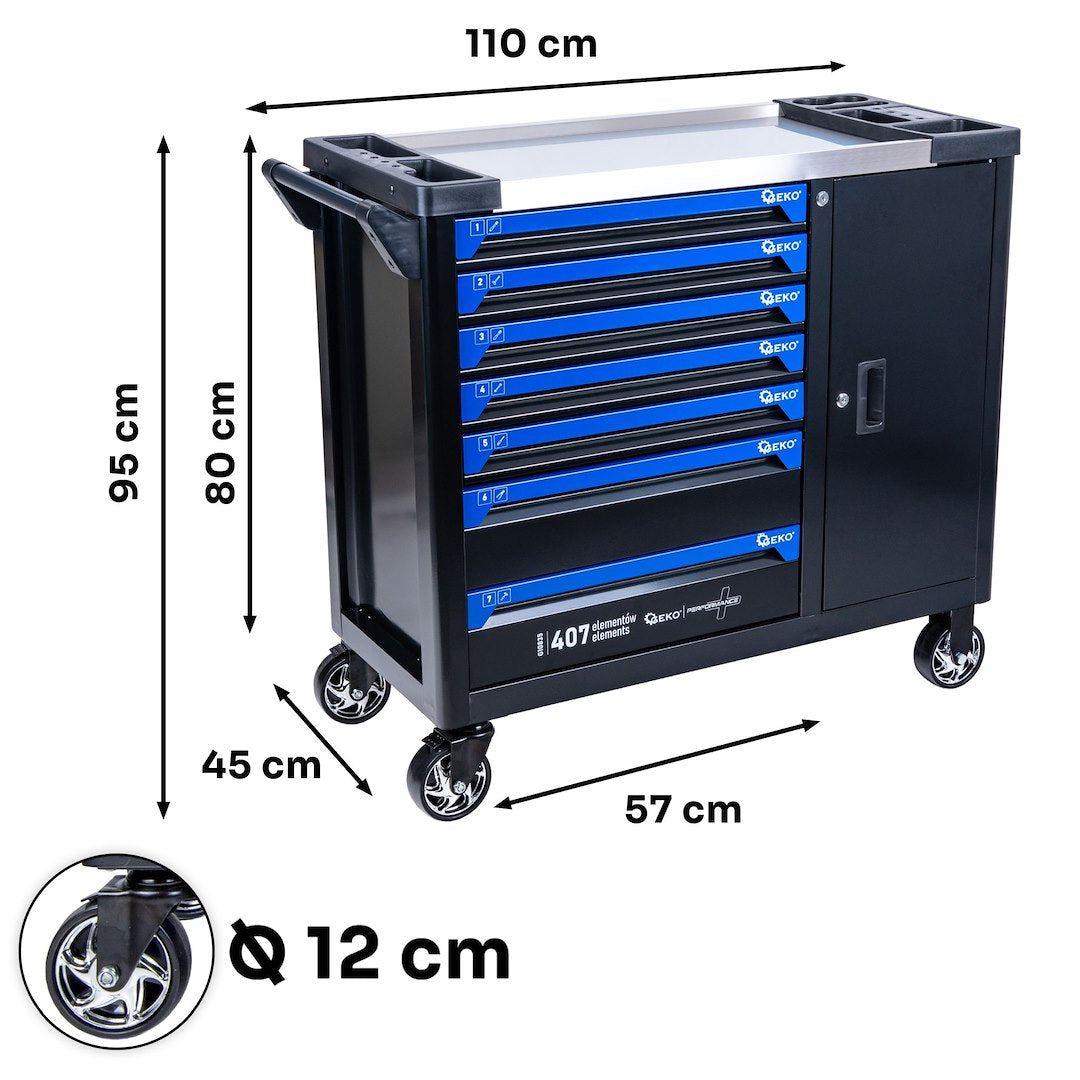 Dulap de scule GEKO cu 7 sertare, echipat cu 407 piese, 7 module carbon