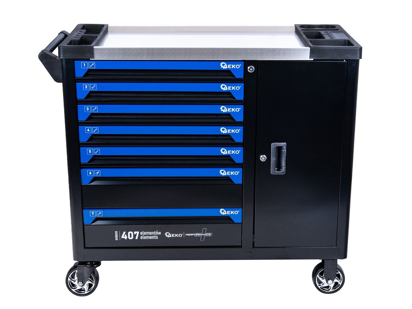 Dulap de scule GEKO cu 7 sertare, echipat cu 407 piese, 7 module carbon
