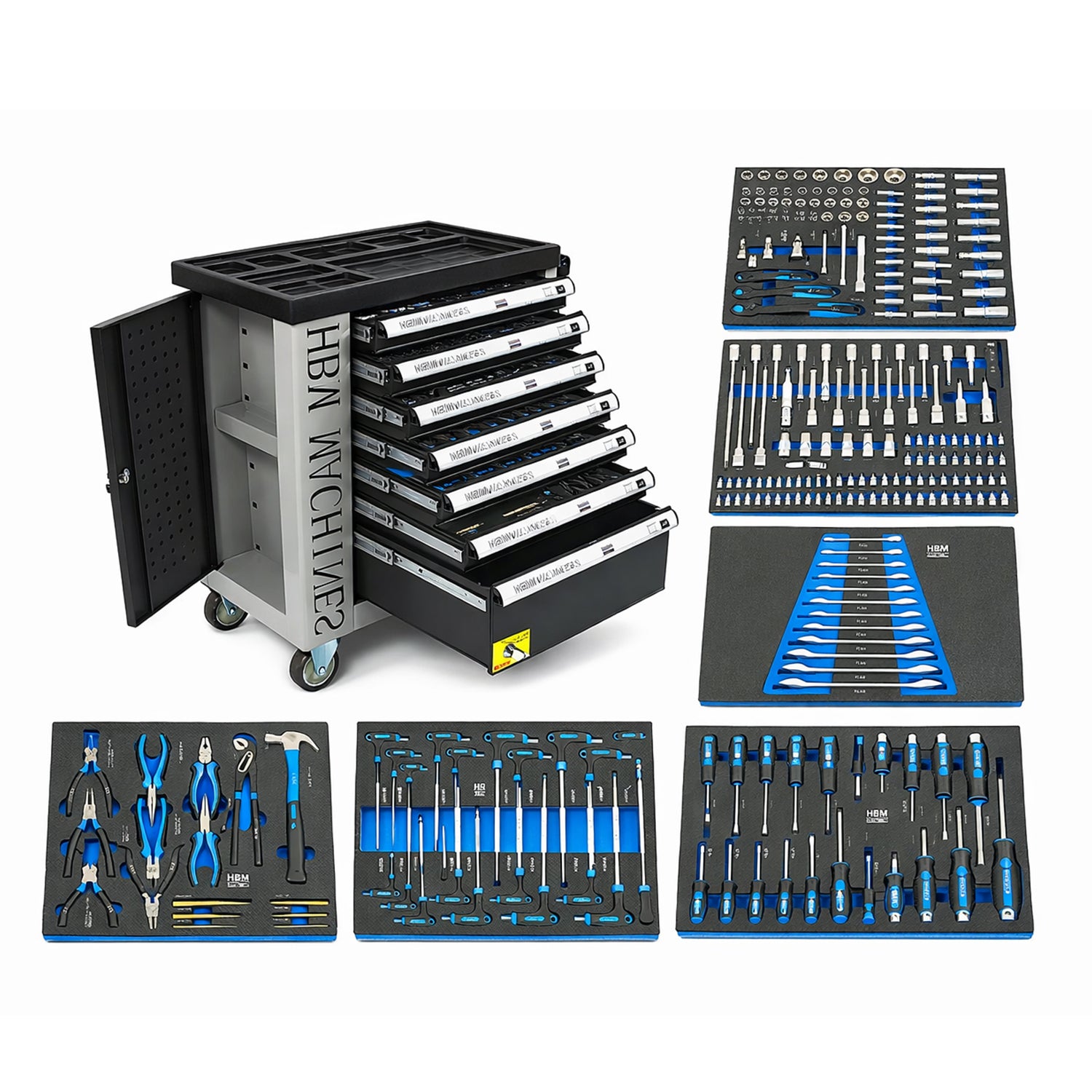 Dulap scule profesional HBM cu 7 sertare, 245 piese, 6 module carbon – OLANDA, premium