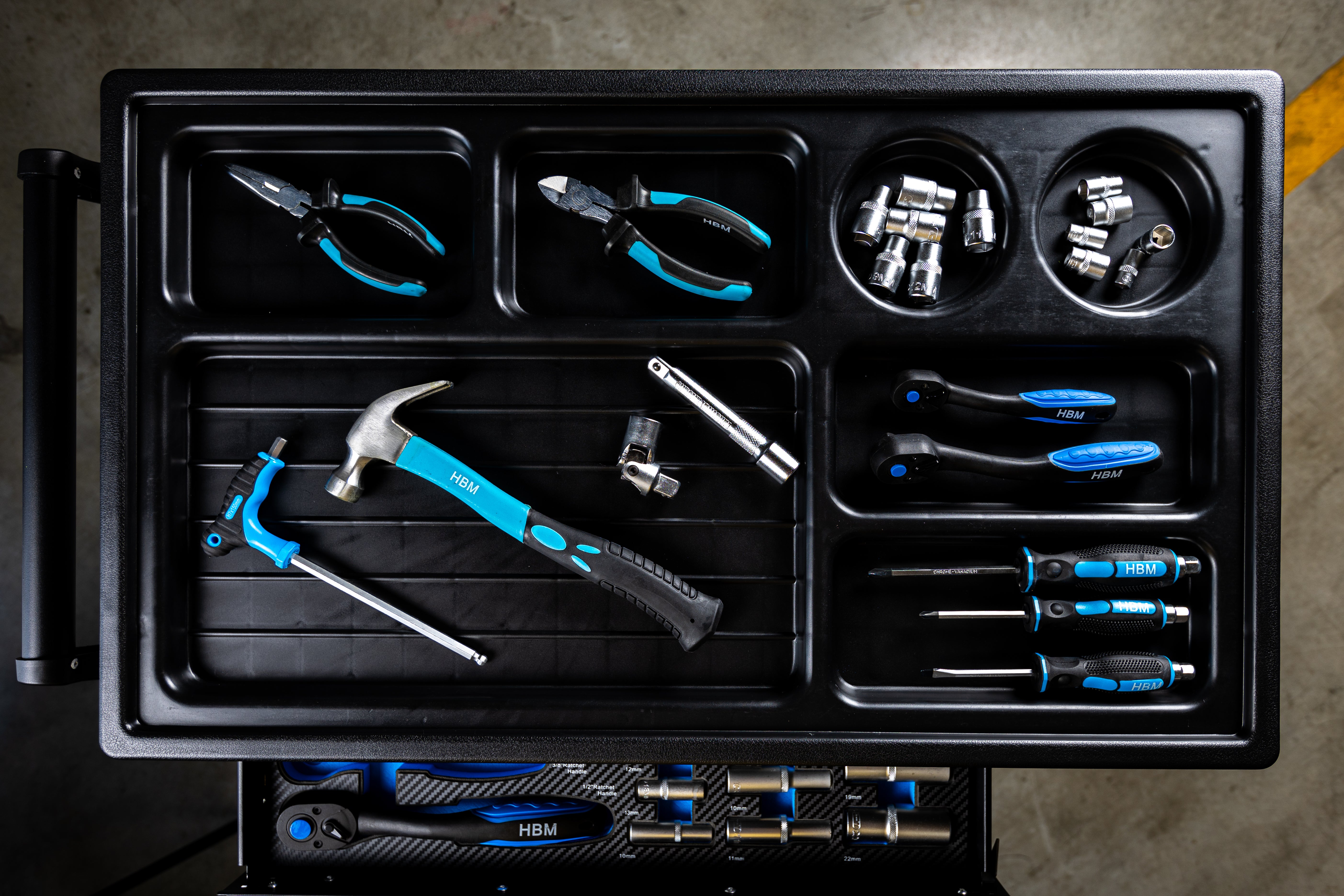 Dulap scule profesional HBM cu 7 sertare, 245 piese, 6 module carbon – OLANDA, premium