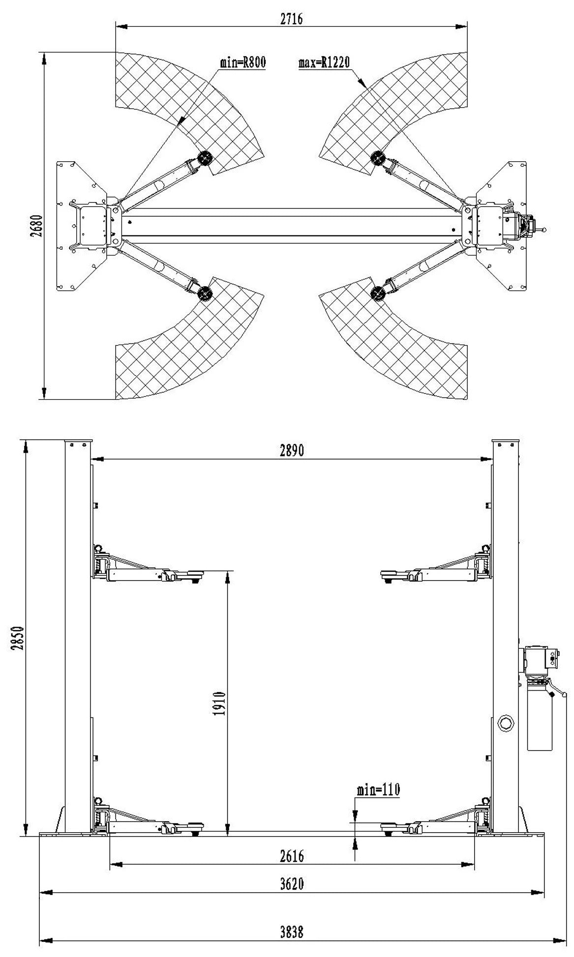 Elevator 2 coloane  4.2T deblocare manuala 380V cu baza ranforsata