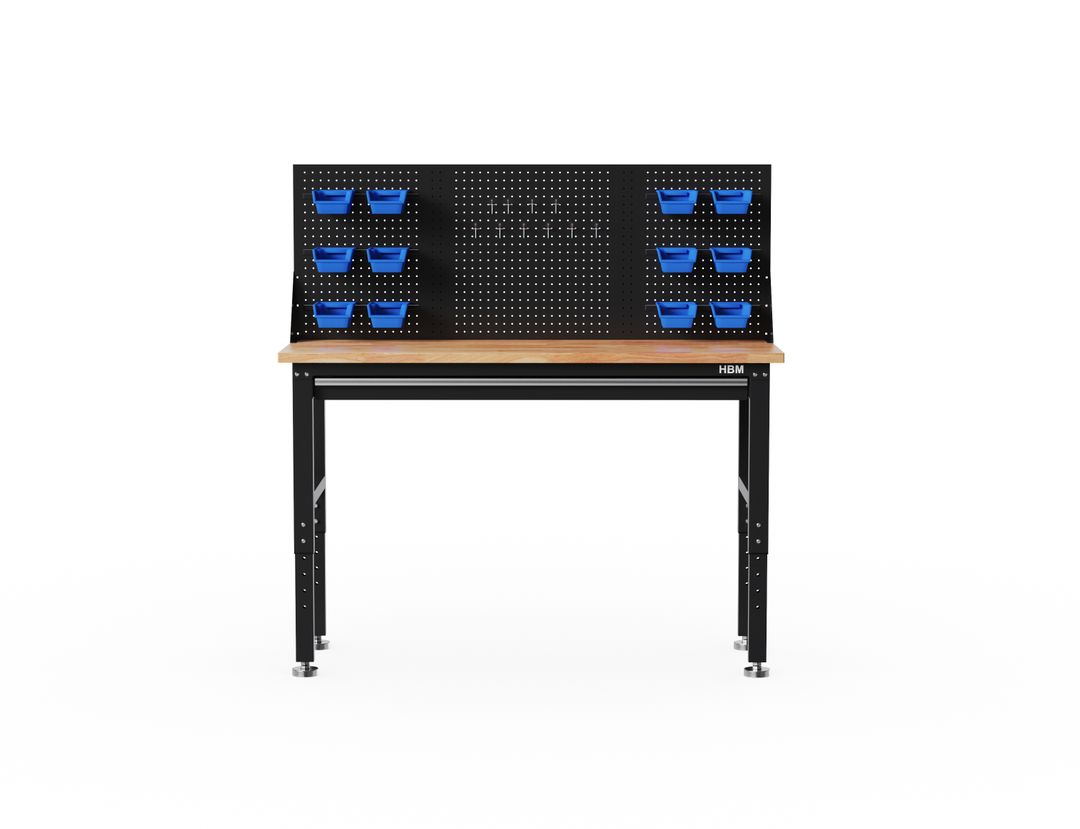 BANC DE LUCRU REGLABIL PE INALTIME CU BLAT DIN LEMN, 1 SERTAR SI PANOU ORGANIZATOR SCULE 152CM