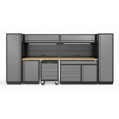 SET MOBILIER ATELIER MECANIC PROFESIONAL 420CM – 13 PIESE CU LED SI BLAT LEMN MASIV – HBM OLANDA