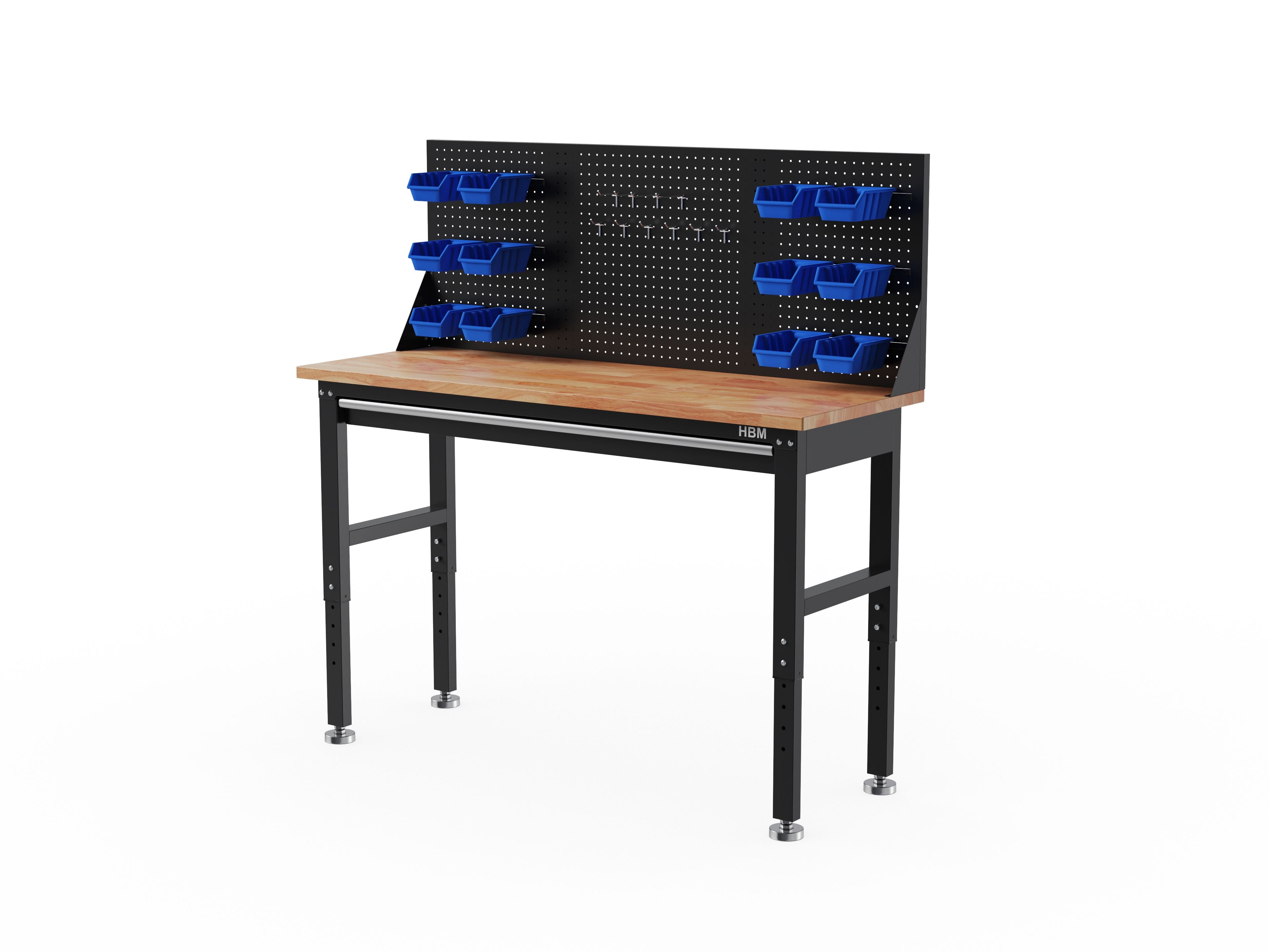 BANC DE LUCRU REGLABIL PE INALTIME CU BLAT DIN LEMN, 1 SERTAR SI PANOU ORGANIZATOR SCULE 152CM