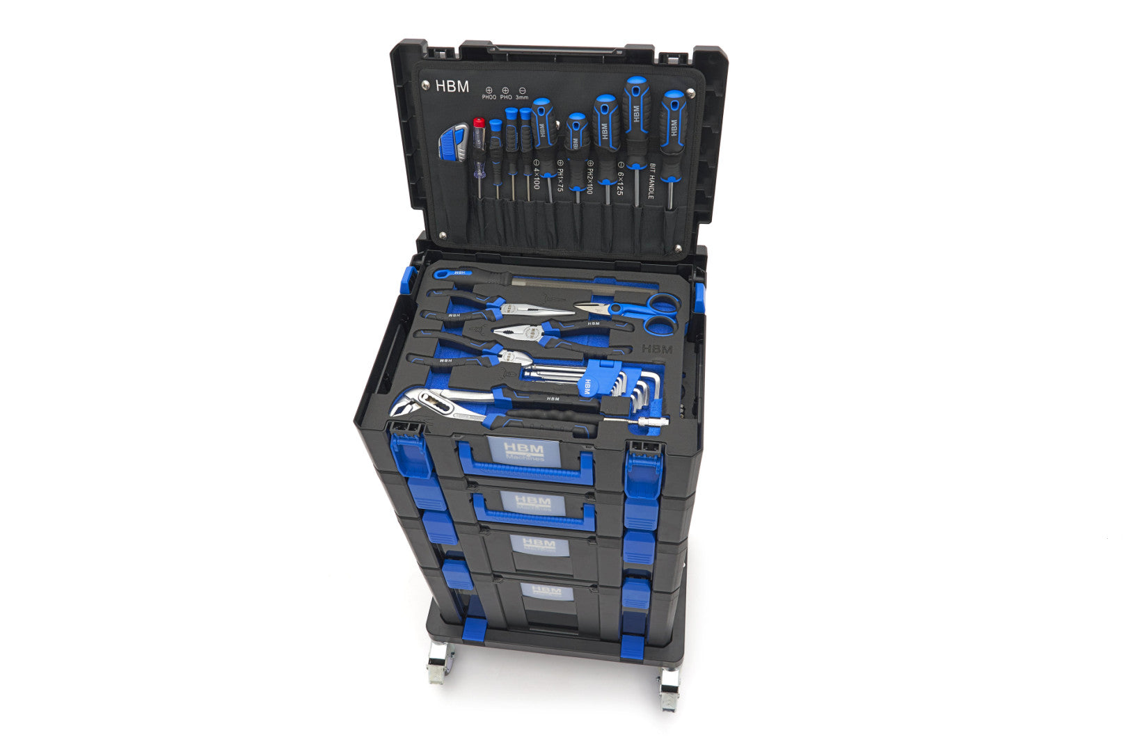 SET CUTII CU SCULE 105 PIESE SI PLATFORMA CU ROTI HBM