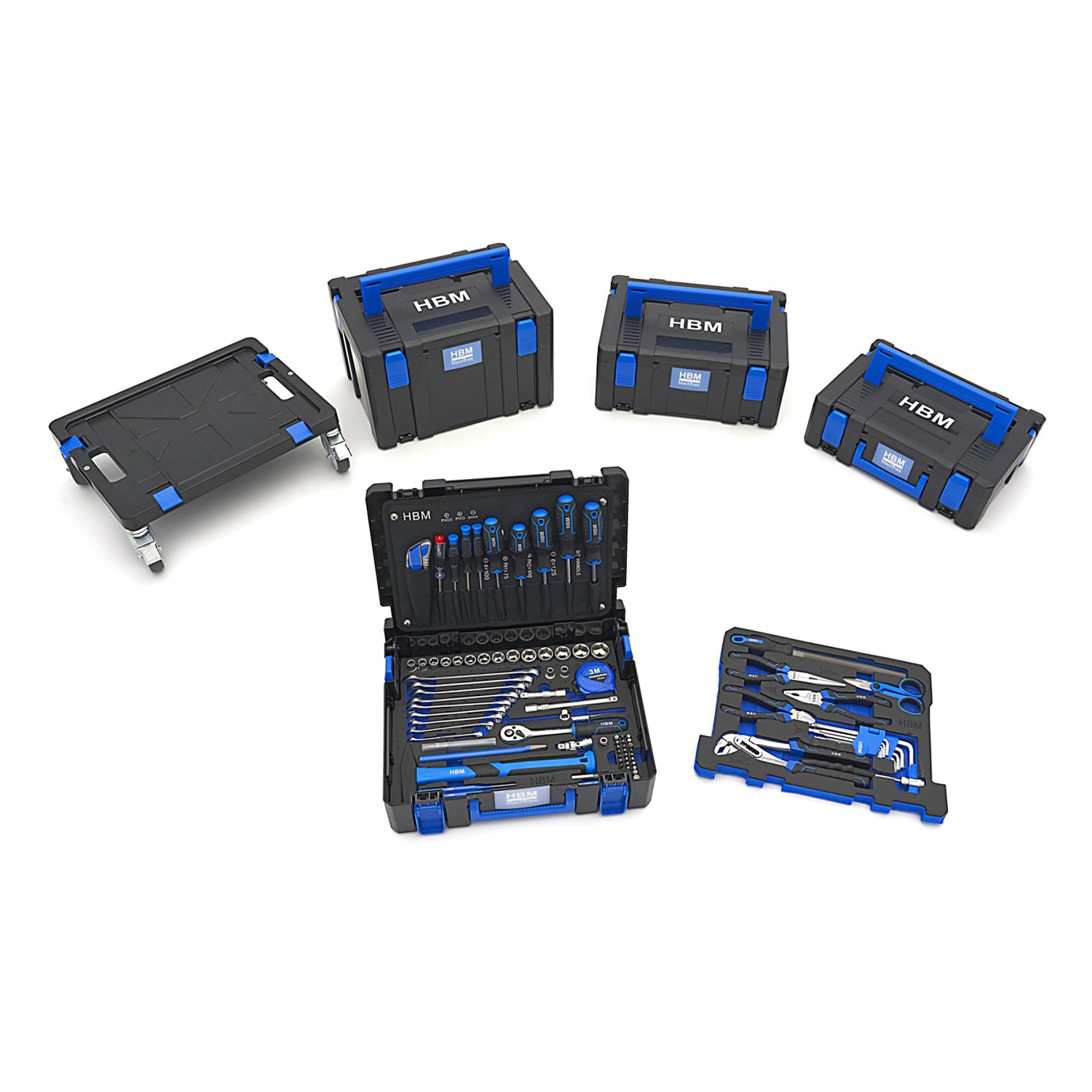 SET CUTII CU SCULE 105 PIESE SI PLATFORMA CU ROTI HBM