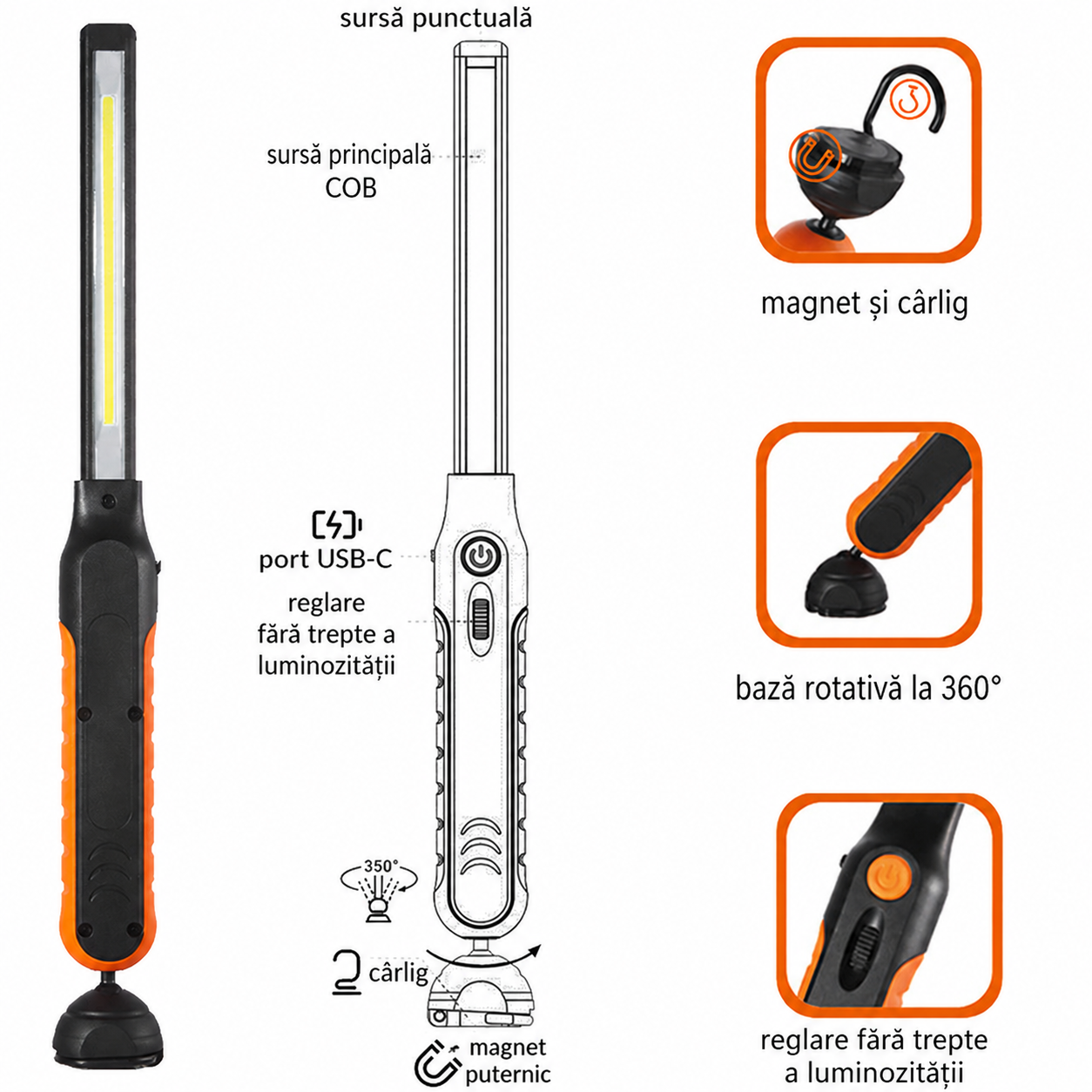 Lampa de lucru LED 1000lm - reincarcabila cu acumulator 2000 mah, reglaj intensitate dimmer - VERKE