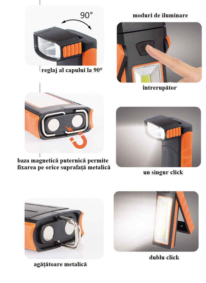 Lampa de lucru LED COB 160lm + 50lm VERKE - magnetica, cu carlig, cap rotativ 90°
