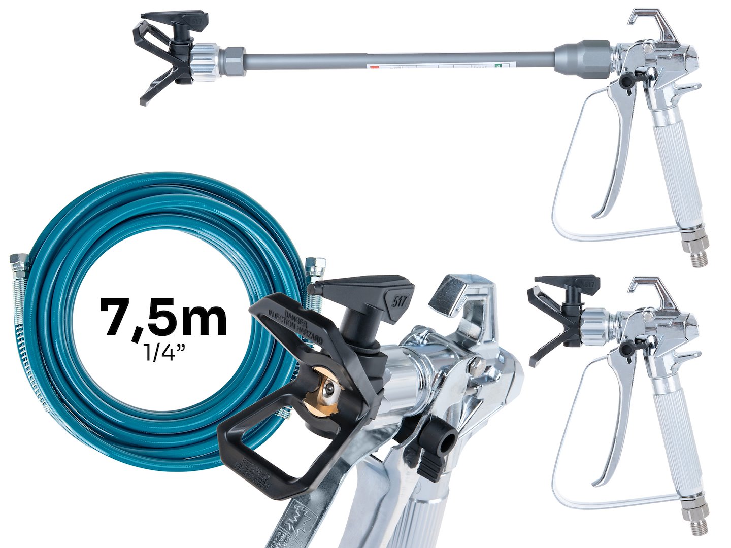 Pistol agregat pompa de vopsit hidrodinamica airless x10 700W 200bar 1l/min furtun 7.5m, duza 517
