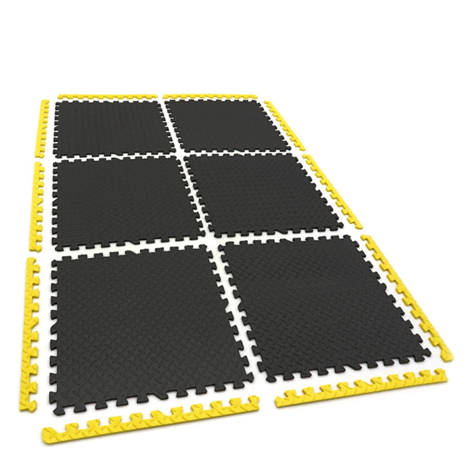 Placi protectie pardoseala din spuma eva tip puzzle 6 piese antiderapant pentru podea negru galben 61x61cm HBM MACHINES