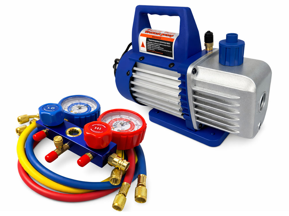 Pompa vid vacuum aer conditionat cu o etapa manometru cu 2 porturi 70l/min GEBO TOOLS