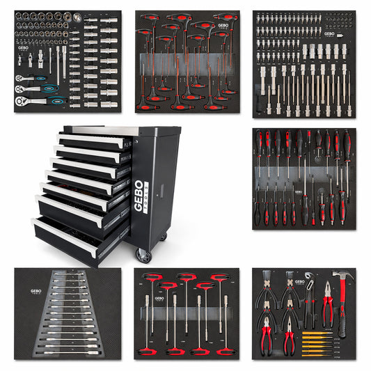 Dulap de scule echipat profesional cu 7 sertare 7 module carbon 262 piese GEBO TOOLS