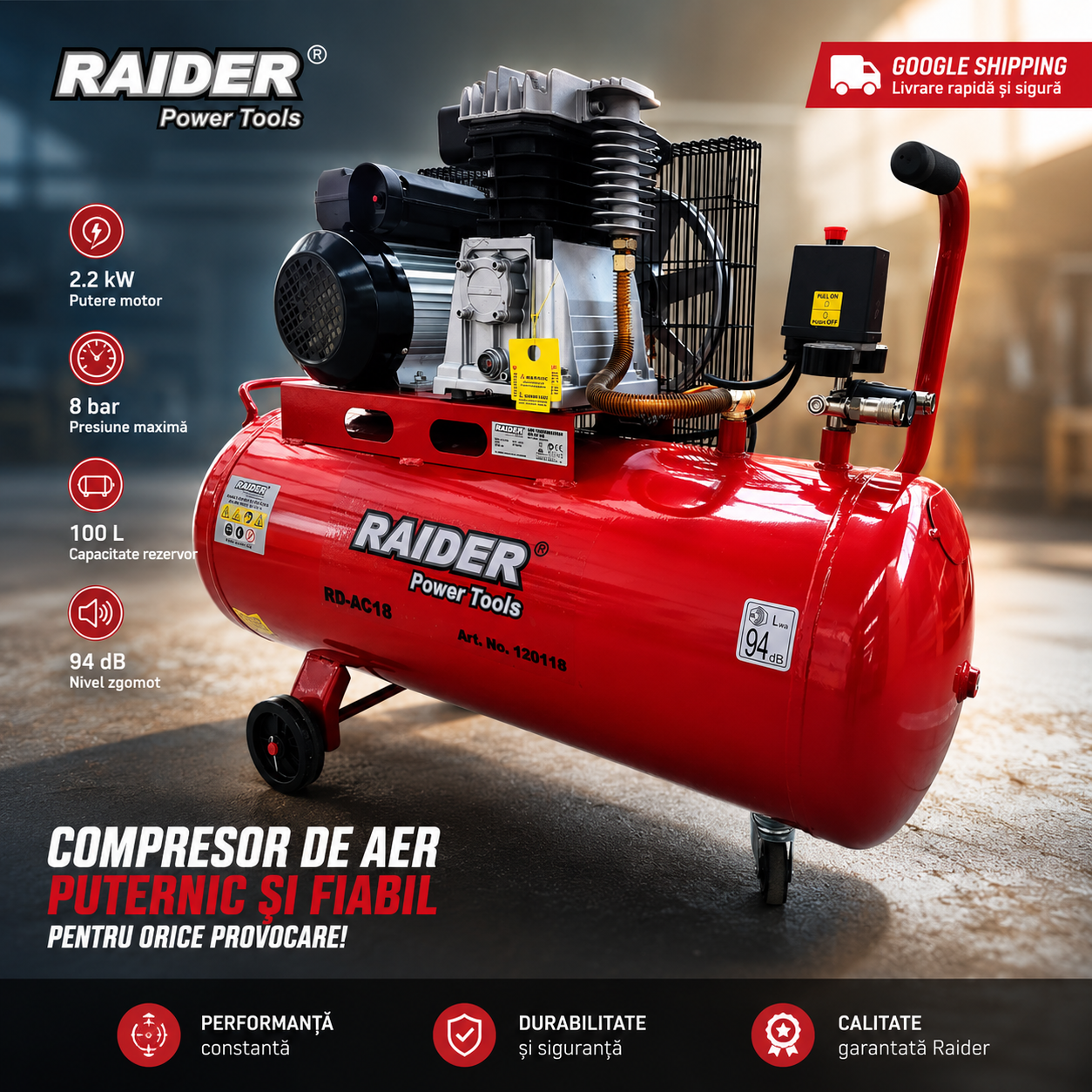 COMPRESOR AER 100L 3CP 220V RAIDER