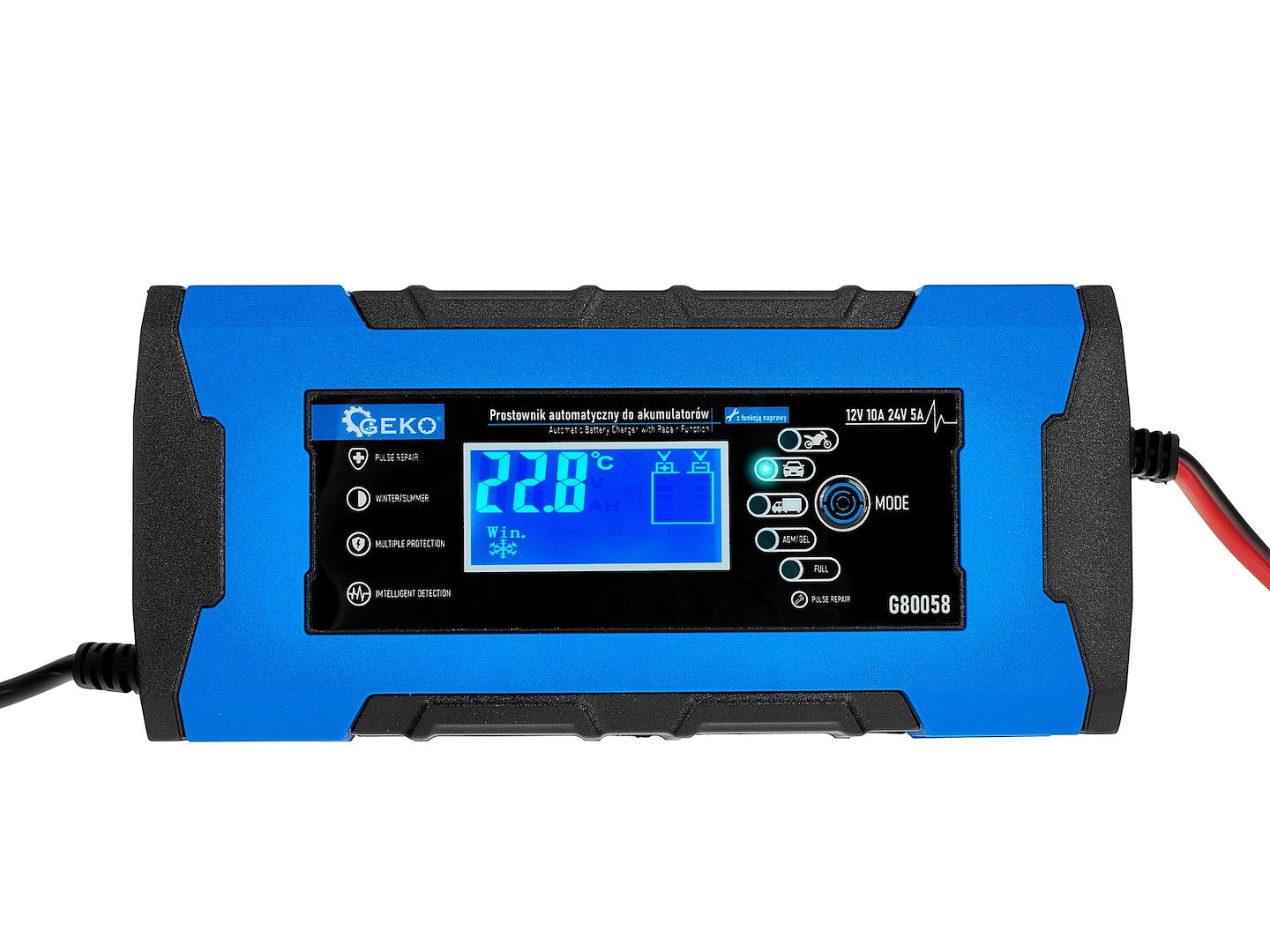 Redresor baterie auto moto cu afisaj digital LCD 12/24V 10a cu functie de reparare GEKO