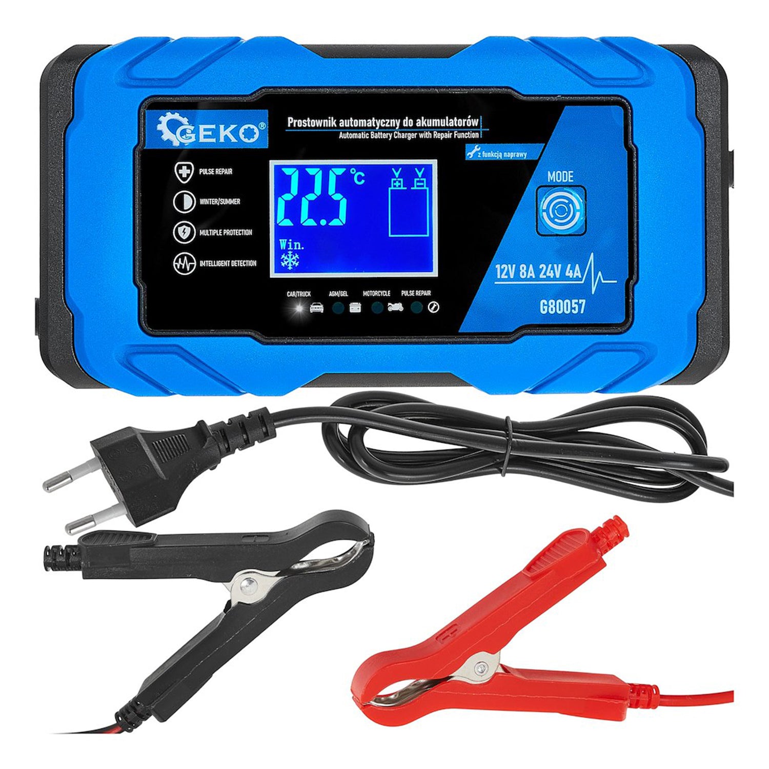 Redresor baterie auto moto cu afisaj digital LCD 12/24V 8a cu functie de reparare GEKO