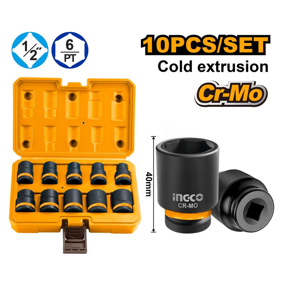 Set 10 chei tubulare de impact 1/2 10-24mm - INGCO