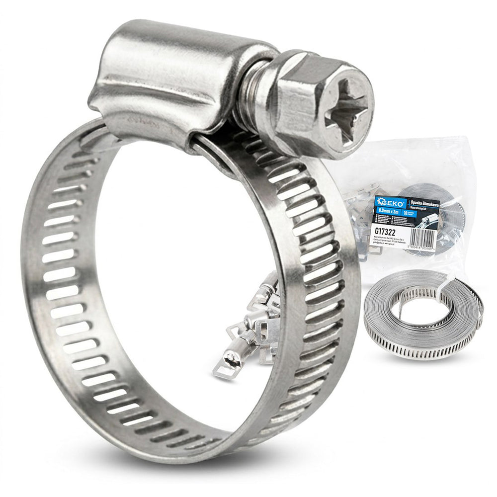 Set 10 coliere furtun cu banda metalica 8mm x 3m GEKO