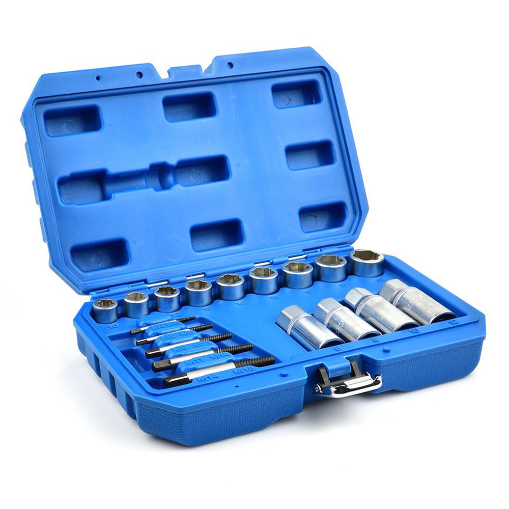 Set 18 piese extractoare si tubulare pentru suruburi rupte, piulite deteriorate si stifturi, 3/8" & 1/2", 6–19 mm, m3–m18, cr-v
