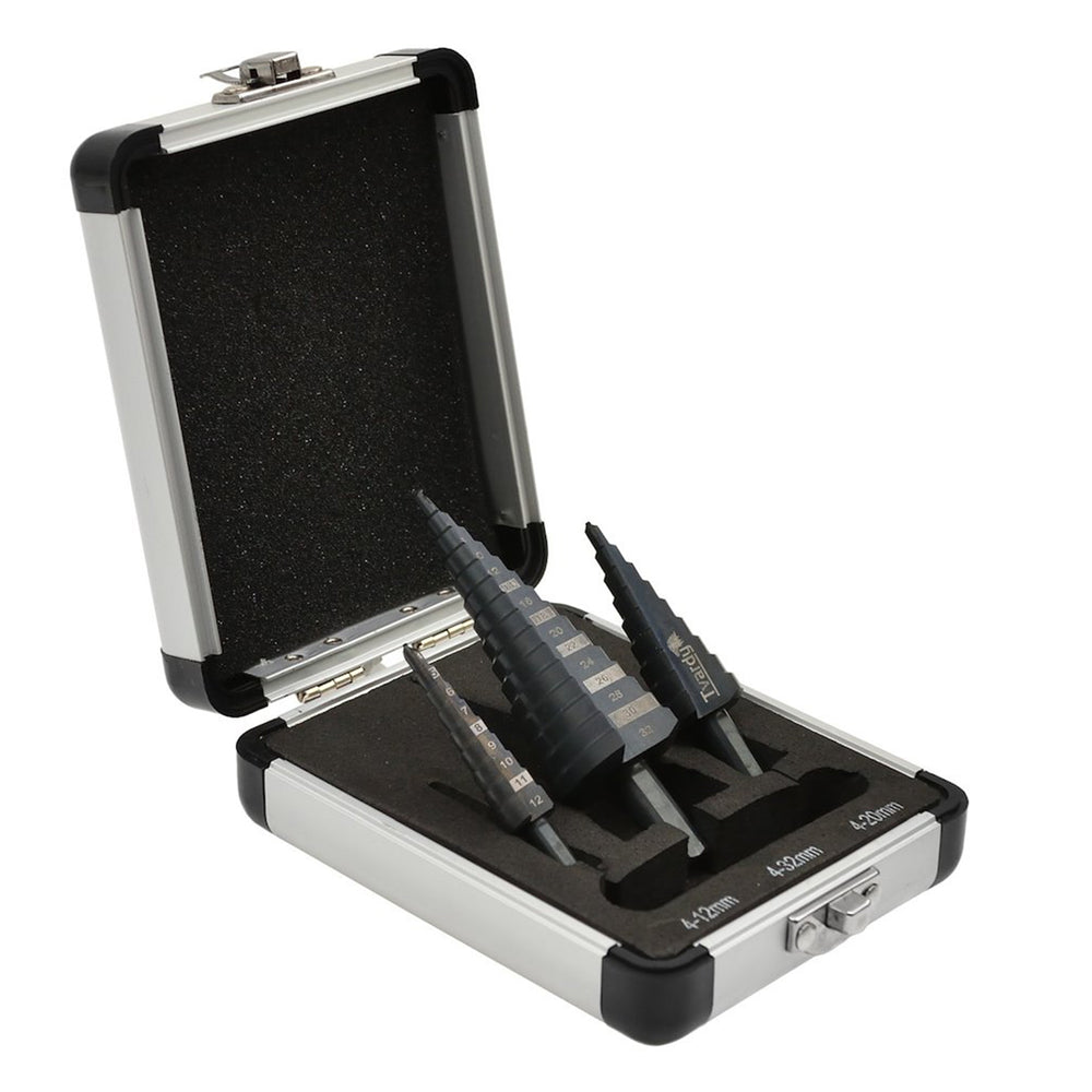 Set 3 burghie conice in trepte HSS m2 4-12 / 4-20 / 4-32 mm pentru metal si plastic - TVARDY