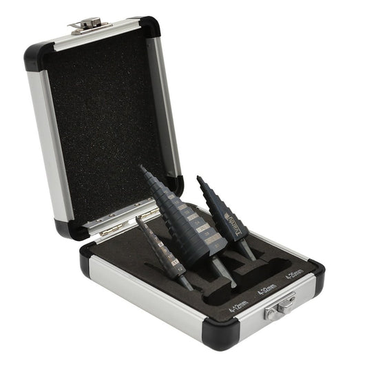 Set 3 burghie conice in trepte HSS m2 4-12 / 4-20 / 4-32 mm pentru metal si plastic - TVARDY