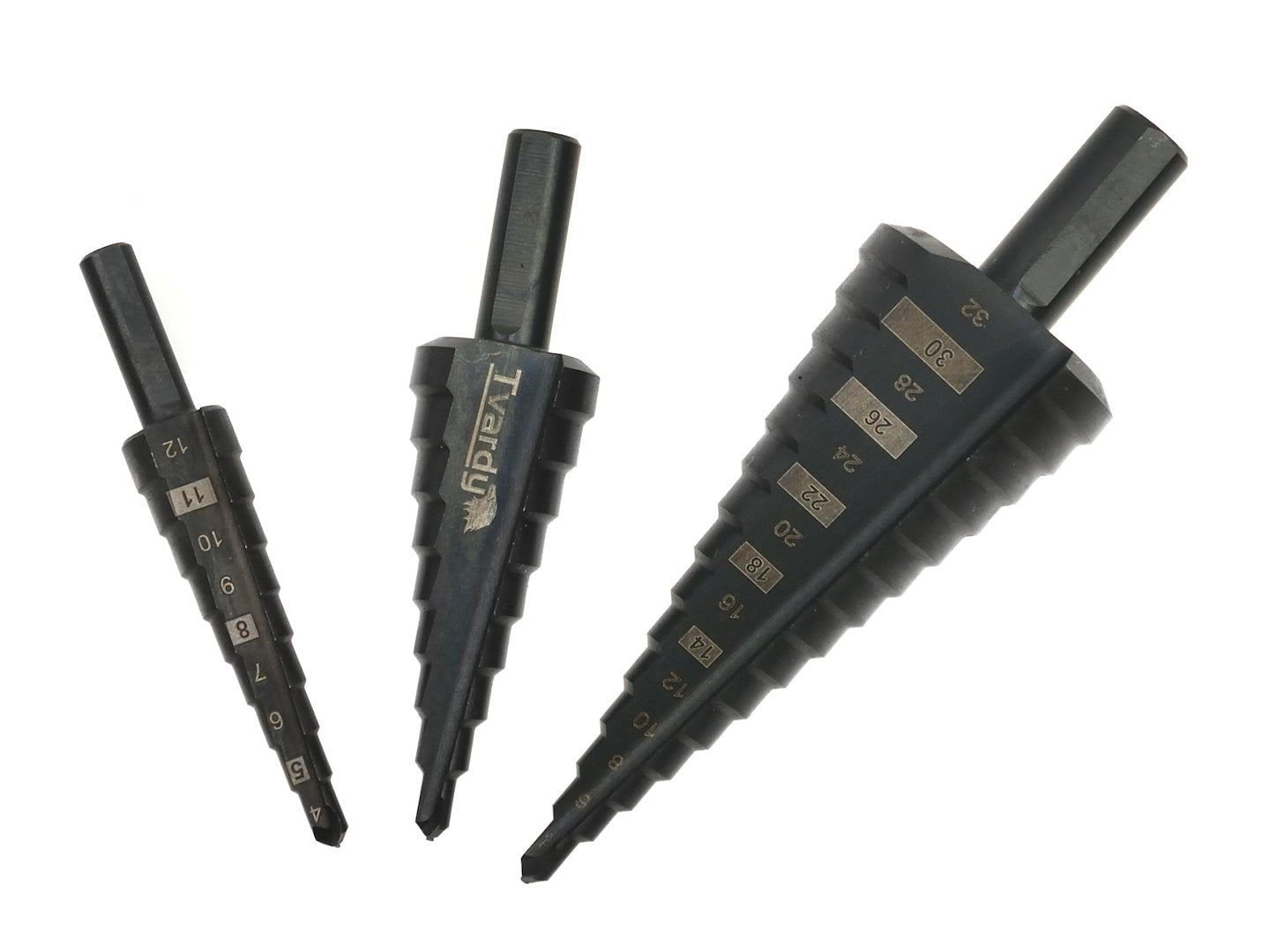 Set 3 burghie conice in trepte HSS m2 4-12 / 4-20 / 4-32 mm pentru metal si plastic - TVARDY