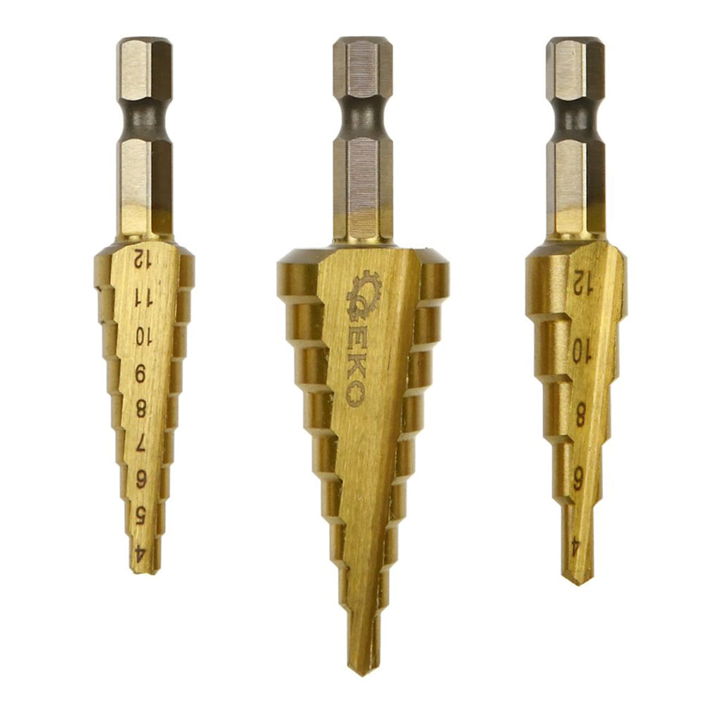 Set 3 burghie conice in trepte HSS TIN hex 1/4" (3-12 / 4-12 / 4-20 mm) - GEKO
