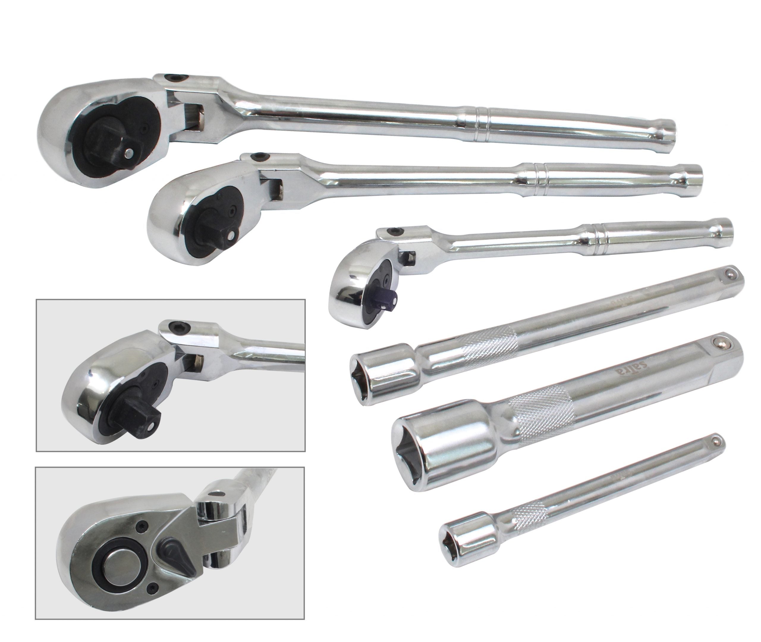 Set 6 piese, chei clichet 1/4" – 3/8" – 1/2" cu cap flexibil 180° si prelungitoare