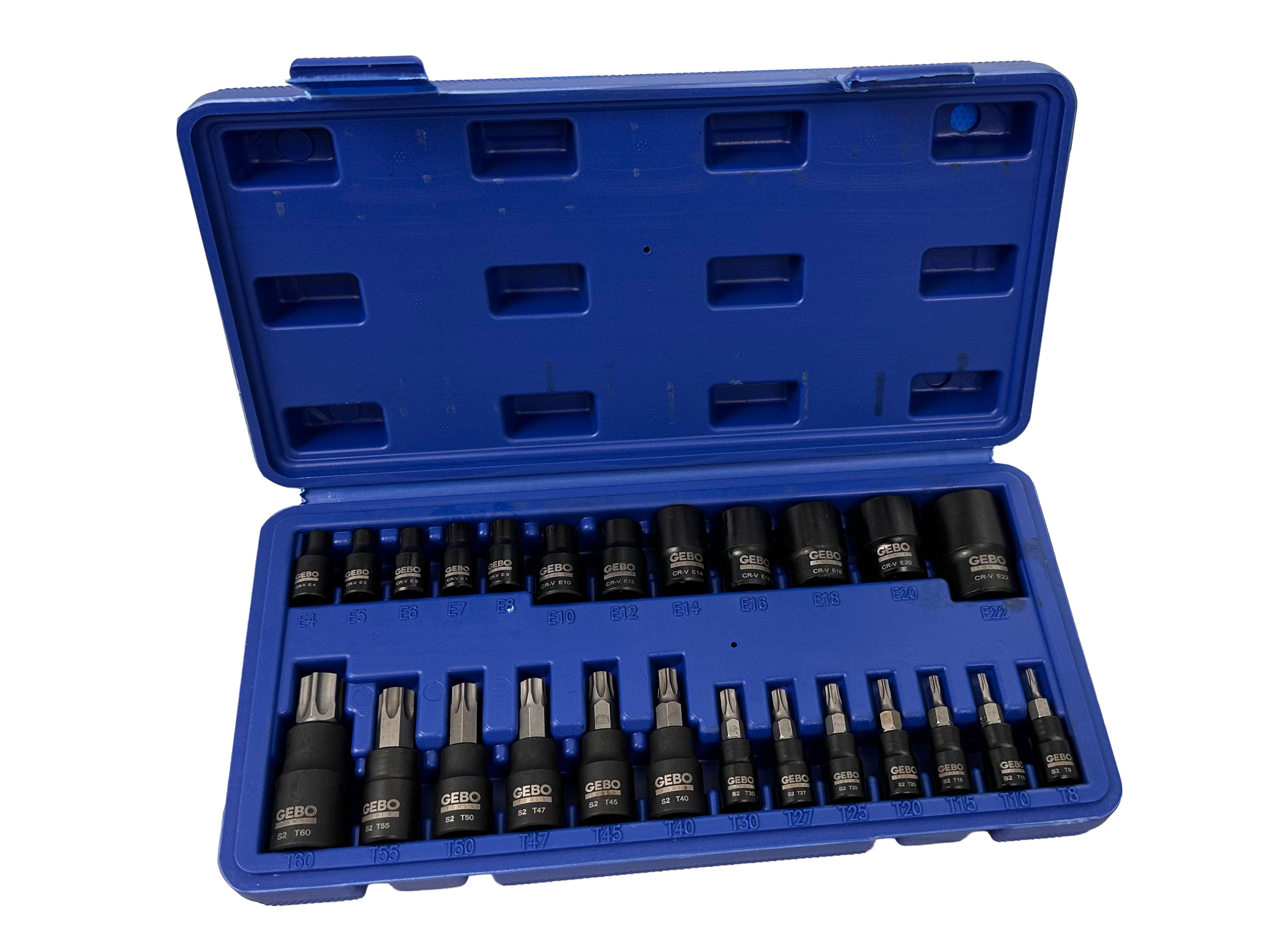 Set chei biti TORX t8-t60 tubulare profil e e4-e20 1/4 3/8 1/2 25 piese GEBO TOOLS