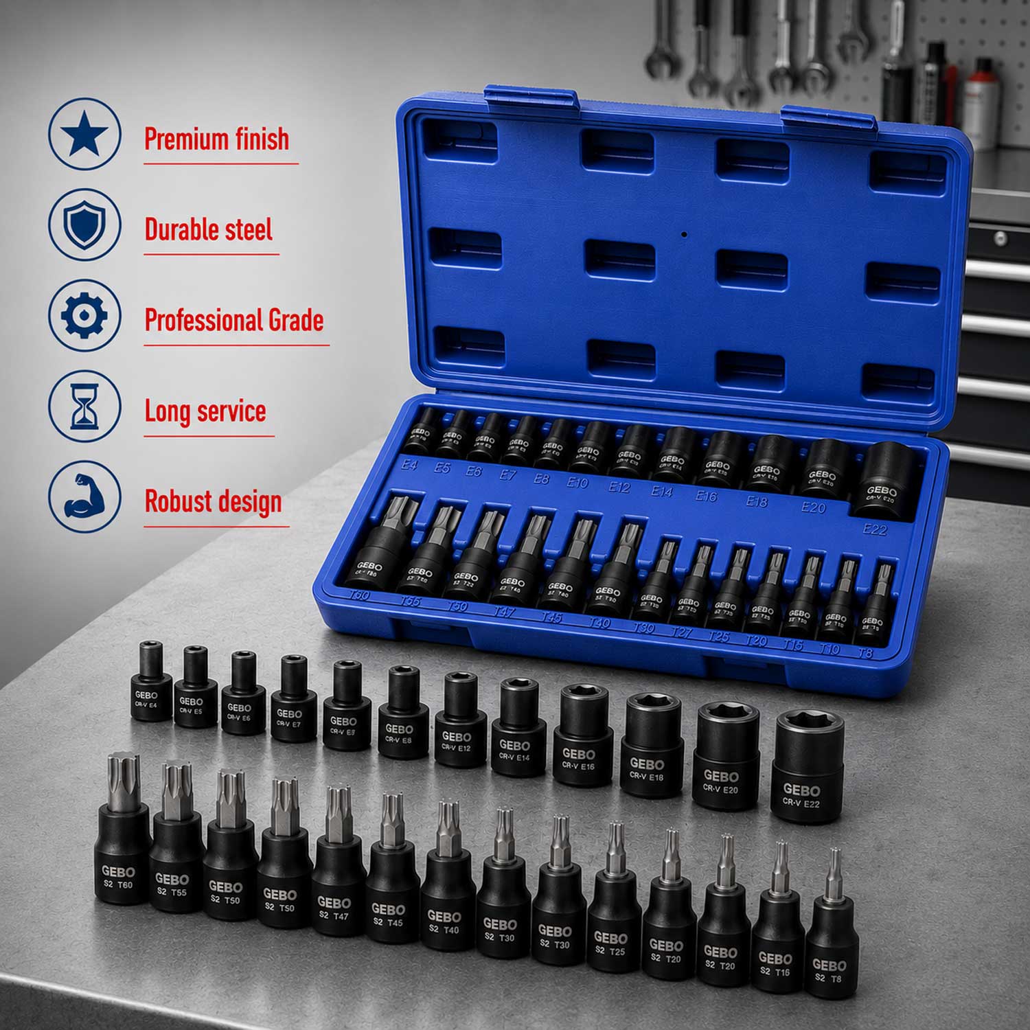 Set chei biti TORX t8-t60 tubulare profil e e4-e20 1/4 3/8 1/2 25 piese GEBO TOOLS