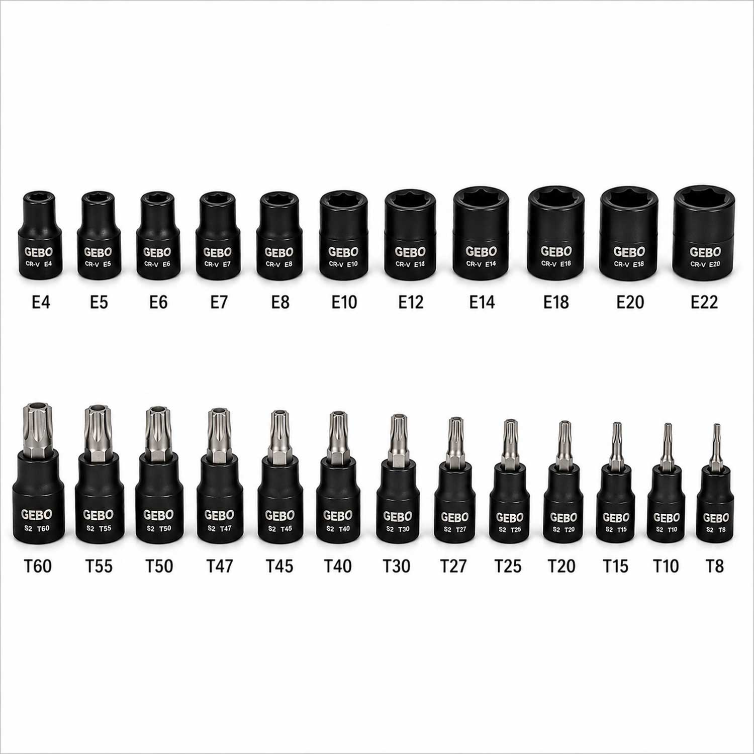 Set chei biti TORX t8-t60 tubulare profil e e4-e20 1/4 3/8 1/2 25 piese GEBO TOOLS