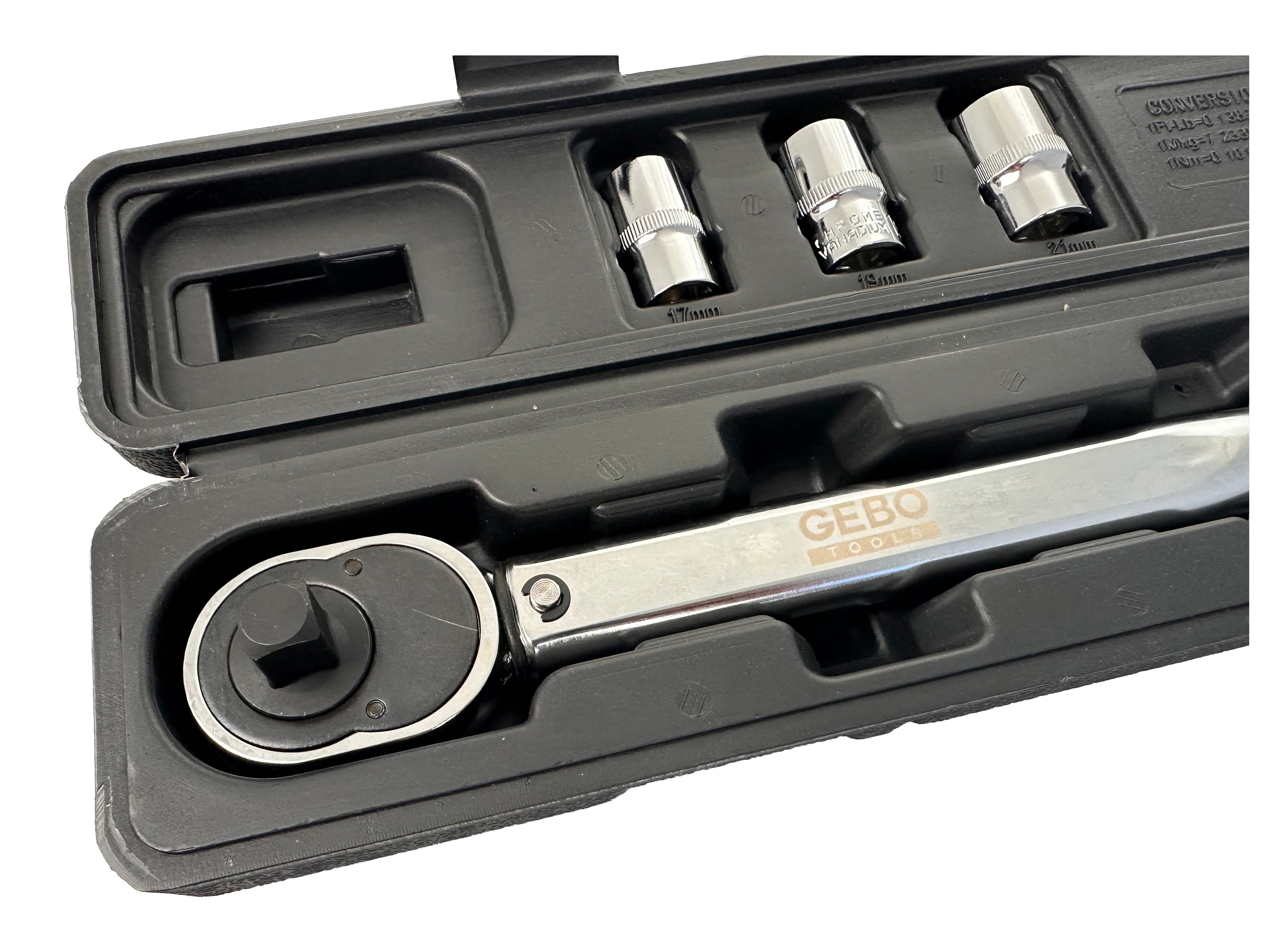 Set cheie dinamometrica 1/2 5 piese 28-210 NM tubulare 1/2 17-19-21 mm prelungitor 1/2 GEBO TOOLS