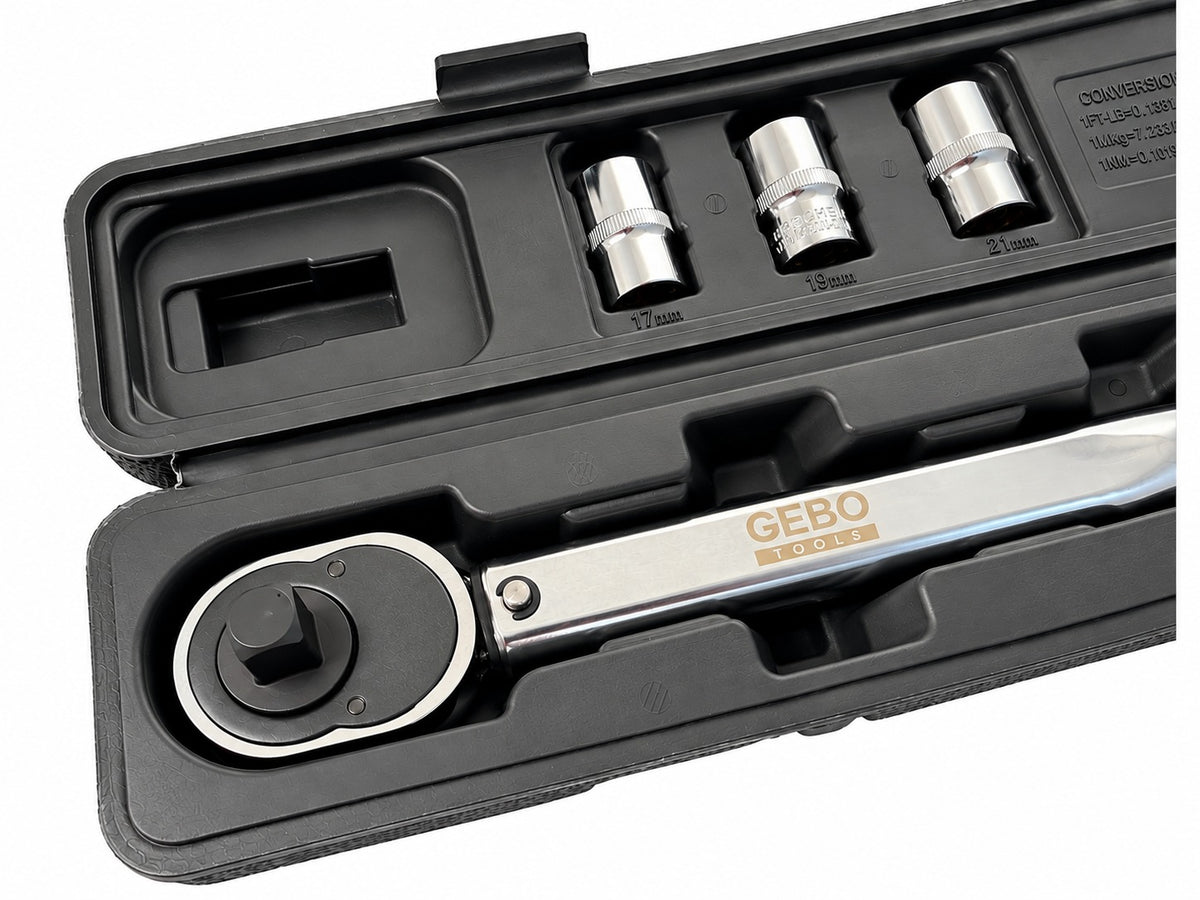 Set cheie dinamometrica 1/2 5 piese 28-210 NM tubulare 1/2 17-19-21 mm prelungitor 1/2 GEBO TOOLS
