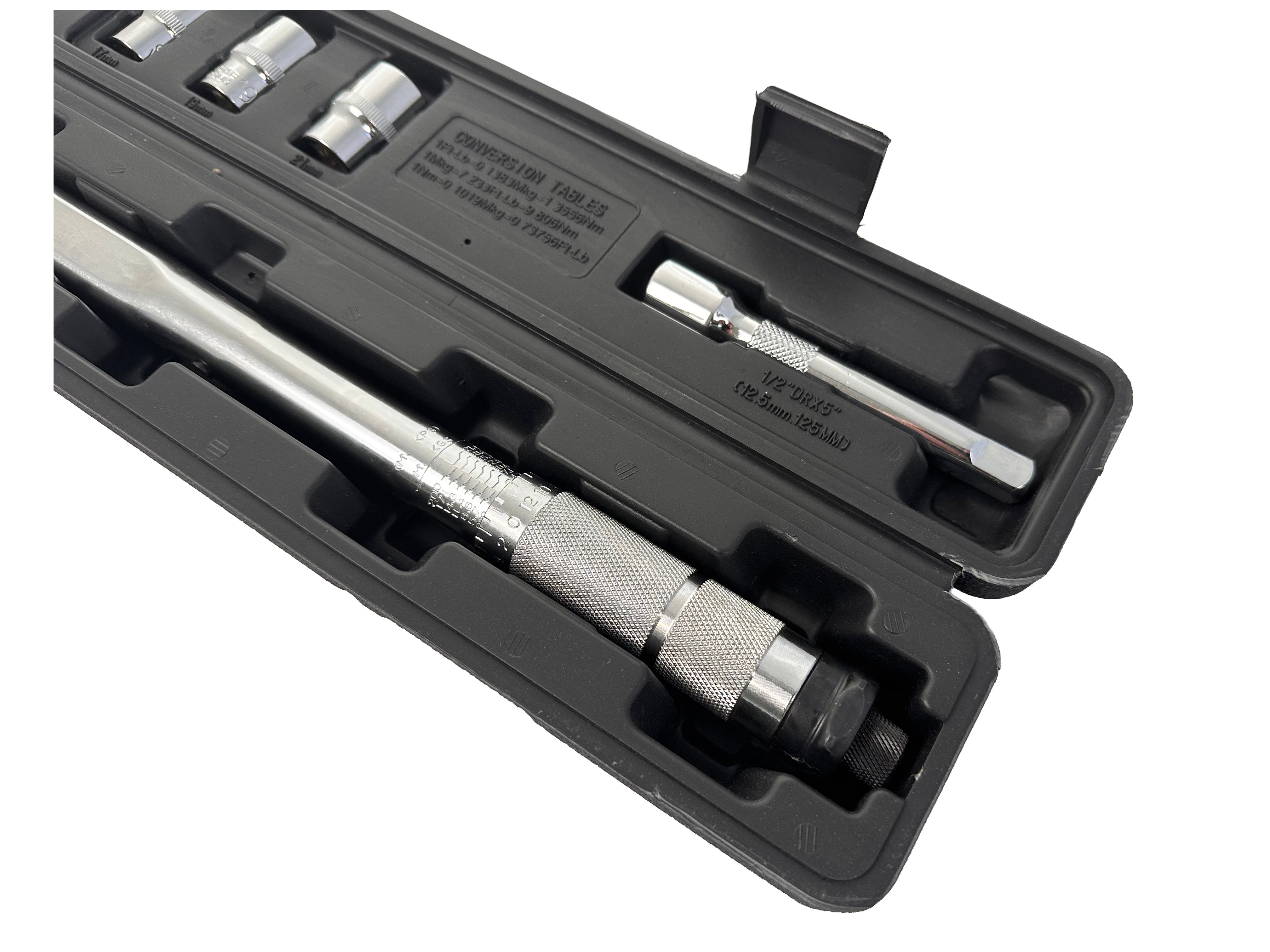 Set cheie dinamometrica 1/2 5 piese 28-210 NM tubulare 1/2 17-19-21 mm prelungitor 1/2 GEBO TOOLS
