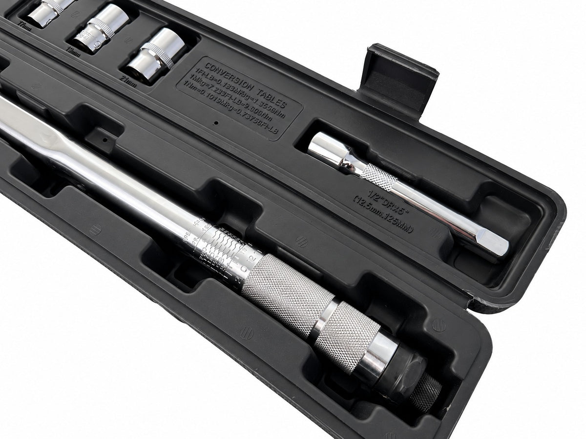 Set cheie dinamometrica 1/2 5 piese 28-210 NM tubulare 1/2 17-19-21 mm prelungitor 1/2 GEBO TOOLS