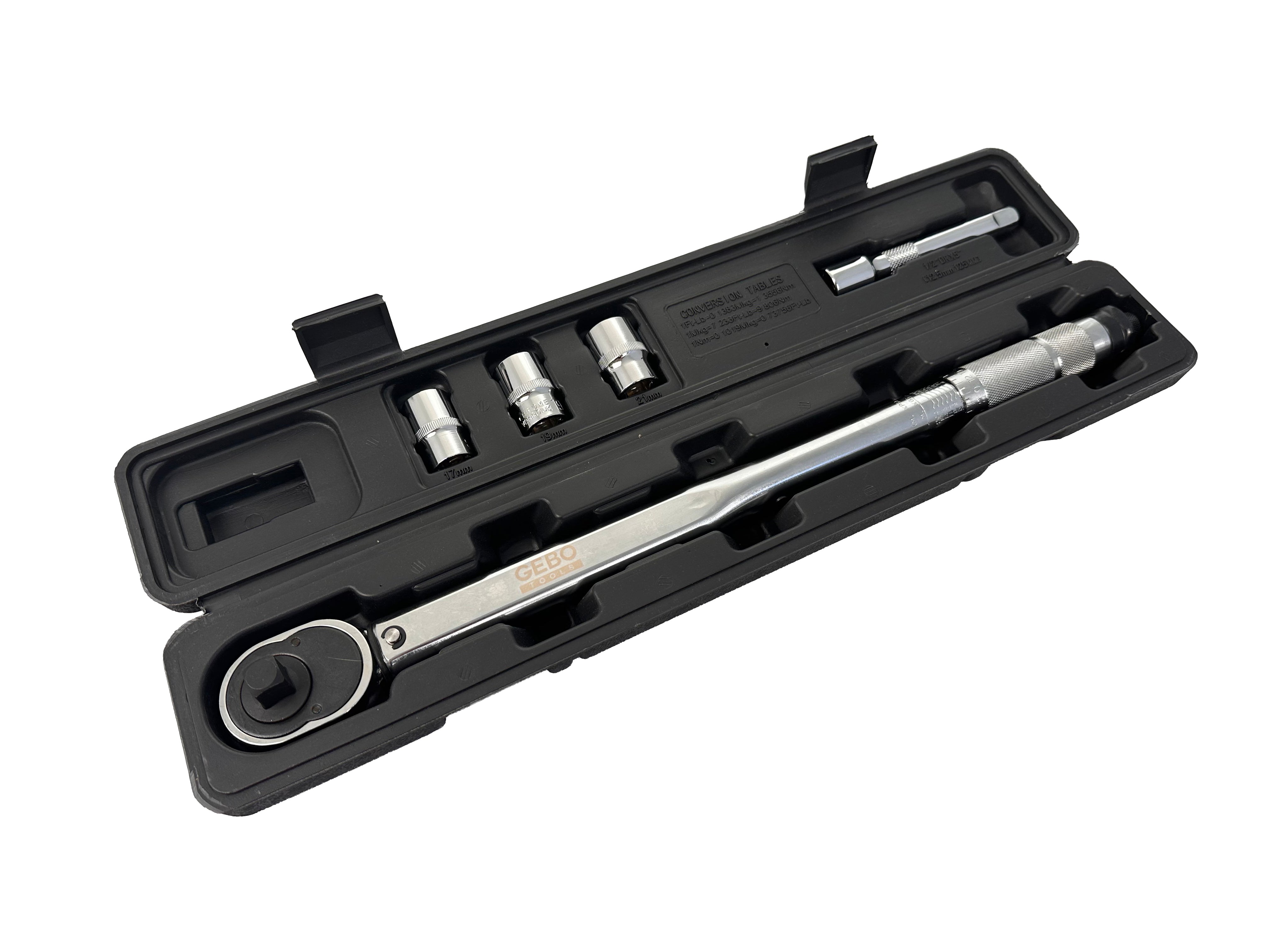 Set cheie dinamometrica 1/2 5 piese 28-210 NM tubulare 1/2 17-19-21 mm prelungitor 1/2 GEBO TOOLS