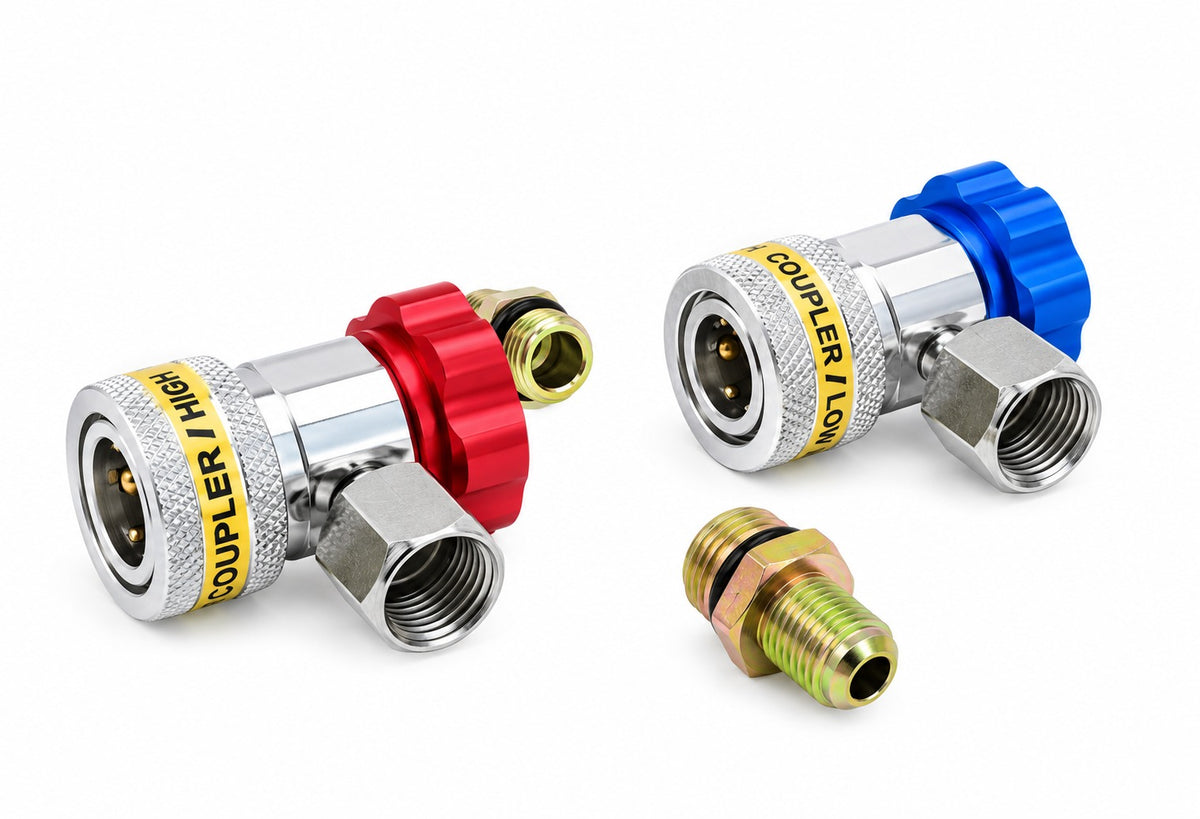 Set cupla rapida cu robinet si adaptor 90 grade pentru aparate de clima R134A