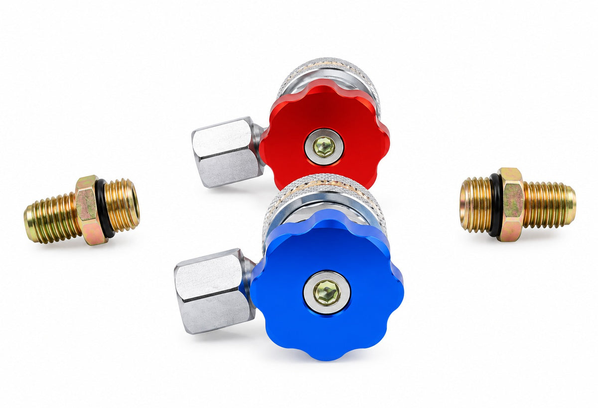 Set cupla rapida cu robinet si adaptor 90 grade pentru aparate de clima R134A