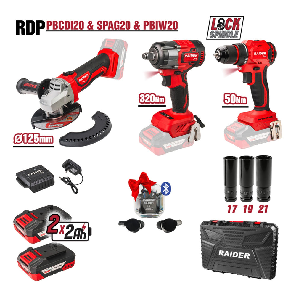 Set masina de gaurit si insurubat 50NM, pistol cheie cu impact 1/2 320NM, polizor flex unghiular 125mm cu acumulator 2 x 2ah RAIDER PRO