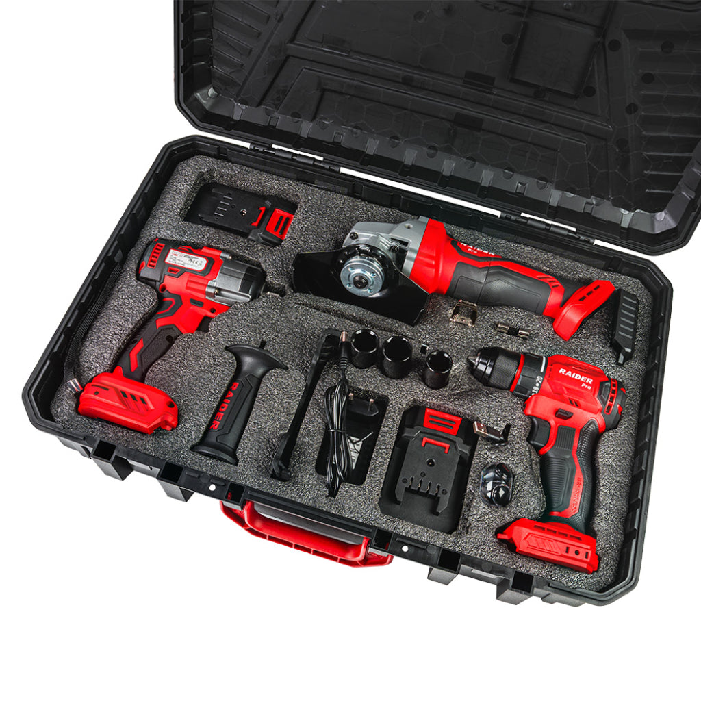 Set masina de gaurit si insurubat 50NM, pistol cheie cu impact 1/2 320NM, polizor flex unghiular 125mm cu acumulator 2 x 2ah RAIDER PRO