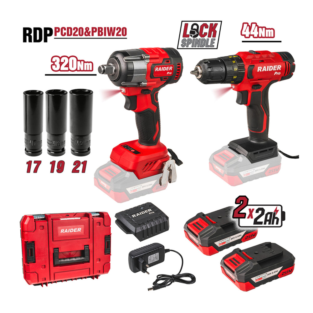 Set masina de gaurit si  insurubat cu percutie 44NM, pistol cheie cu impact 1/2 320NM cu acumulator 2x2ah RAIDER PRO