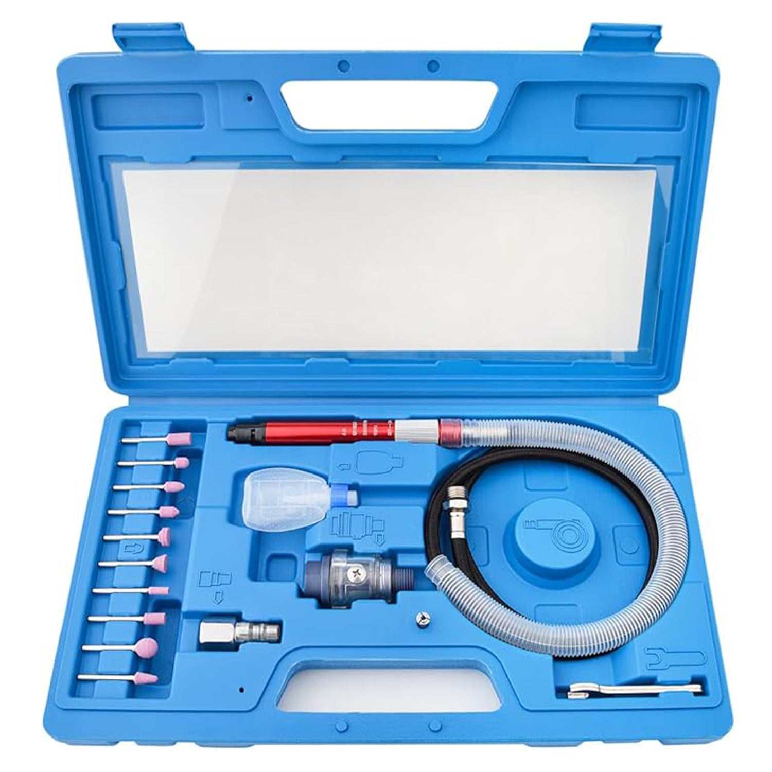 Set micro polizor pneumatic tip creion, 17 piese, viteza mare 58.000 RPM, unealta compacta si usoara pentru slefuire, curatare, taiere, lustruire si sudura GEBO TOOLS