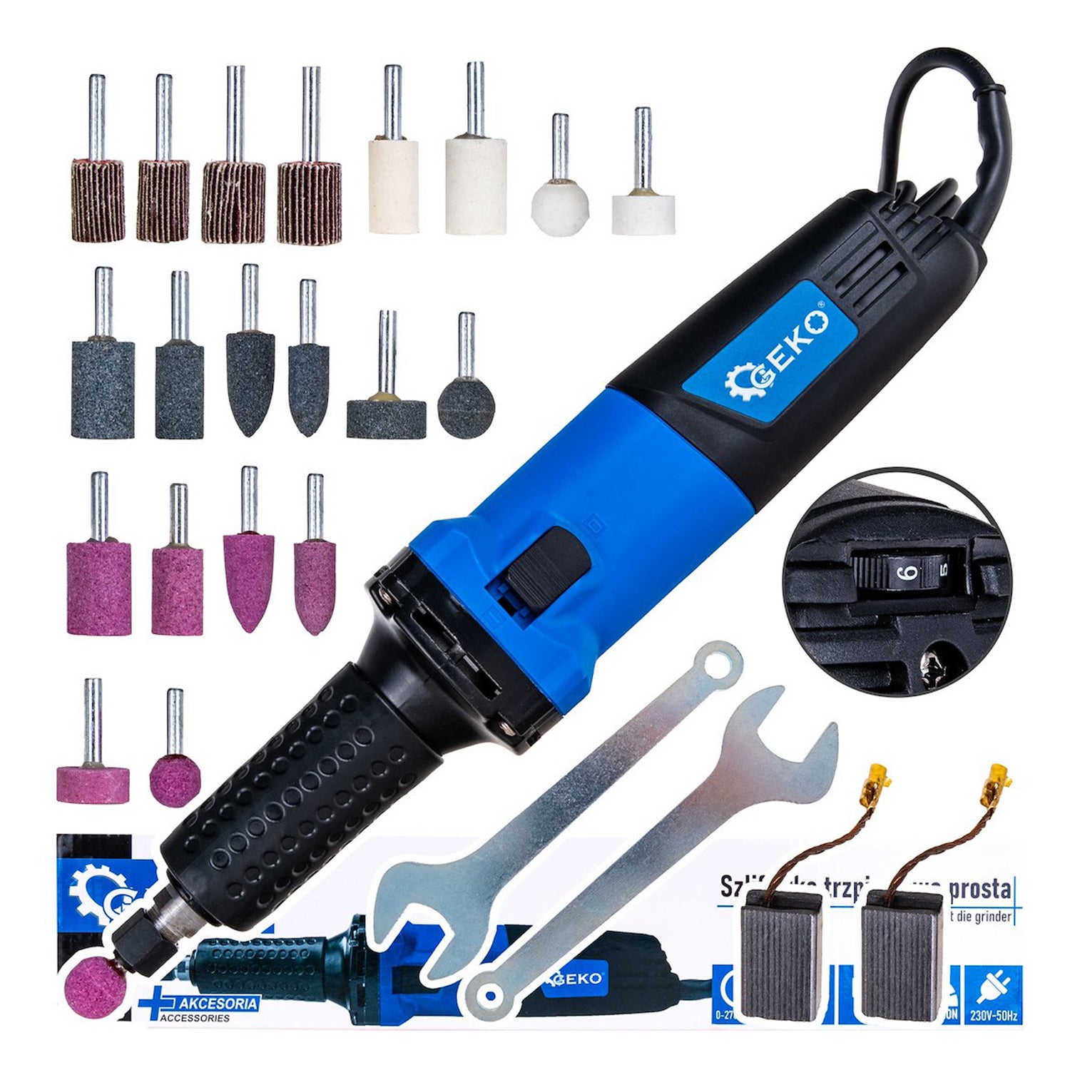 Set mini polizor 6mm 700W 220V cu accesorii GEKO