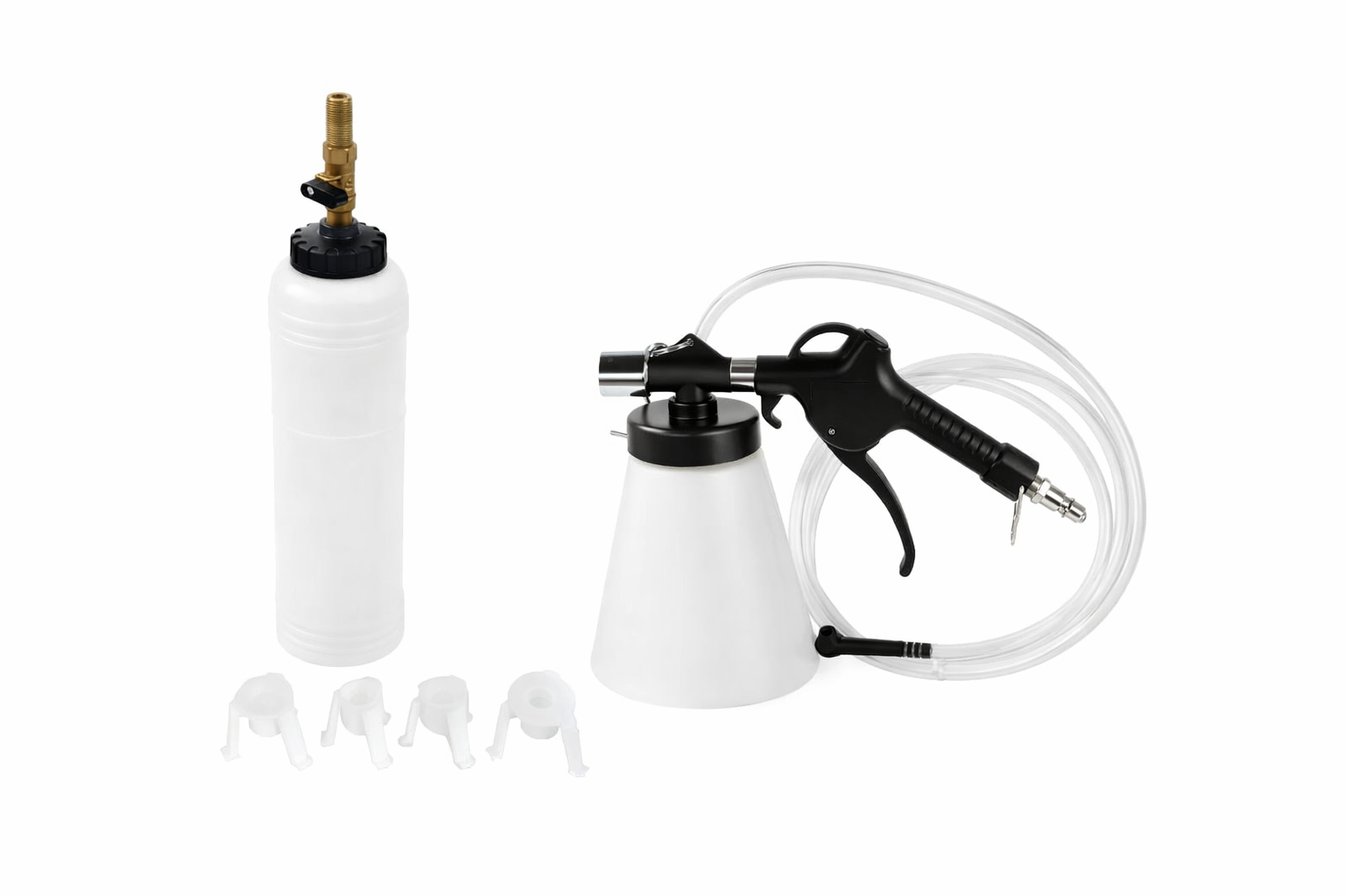 Set pistol pneumatic de aerisit si schimbat lichid, ulei  de frana, extractor si reumplere lichid de frana, cu 4 adaptori