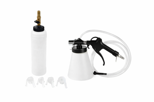 Set pistol pneumatic de aerisit si schimbat lichid, ulei  de frana, extractor si reumplere lichid de frana, cu 4 adaptori