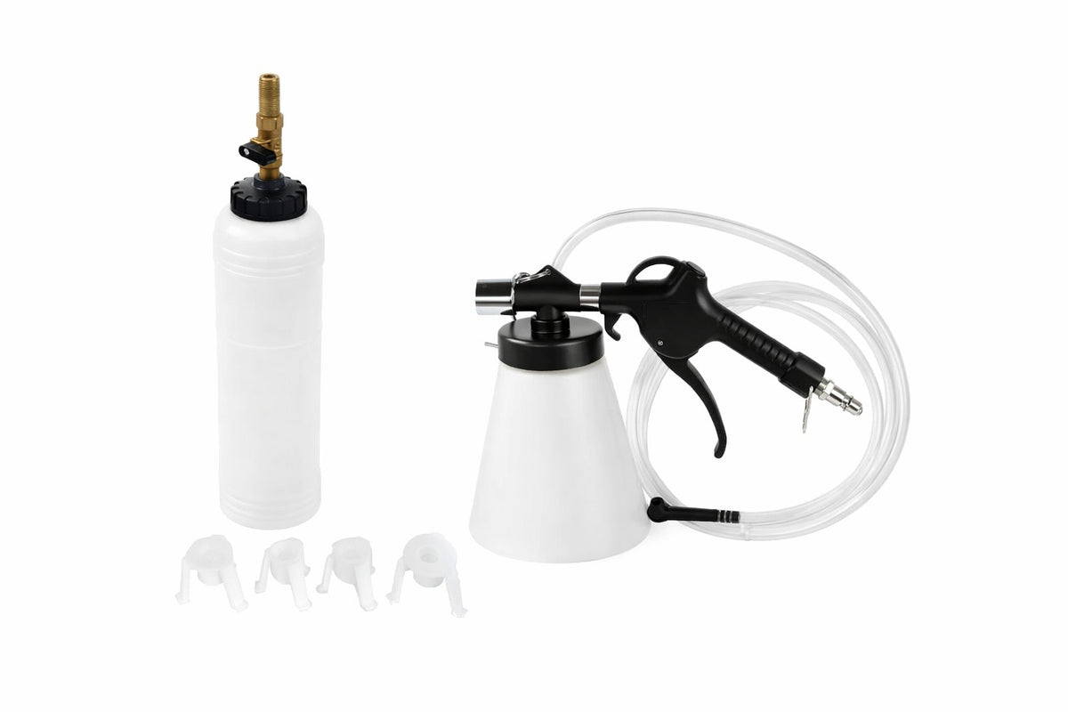 Set pistol pneumatic de aerisit si schimbat lichid, ulei  de frana, extractor si reumplere lichid de frana, cu 4 adaptori