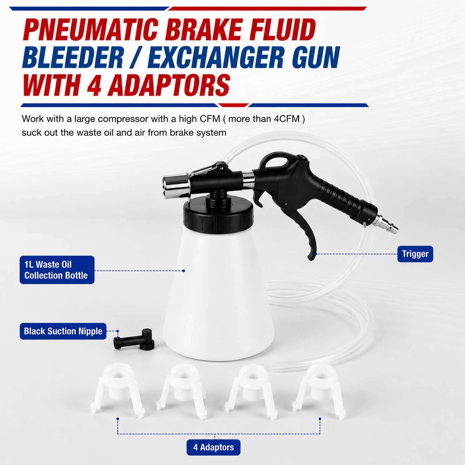 Set pistol pneumatic de aerisit si schimbat lichid, ulei  de frana, extractor si reumplere lichid de frana, cu 4 adaptori